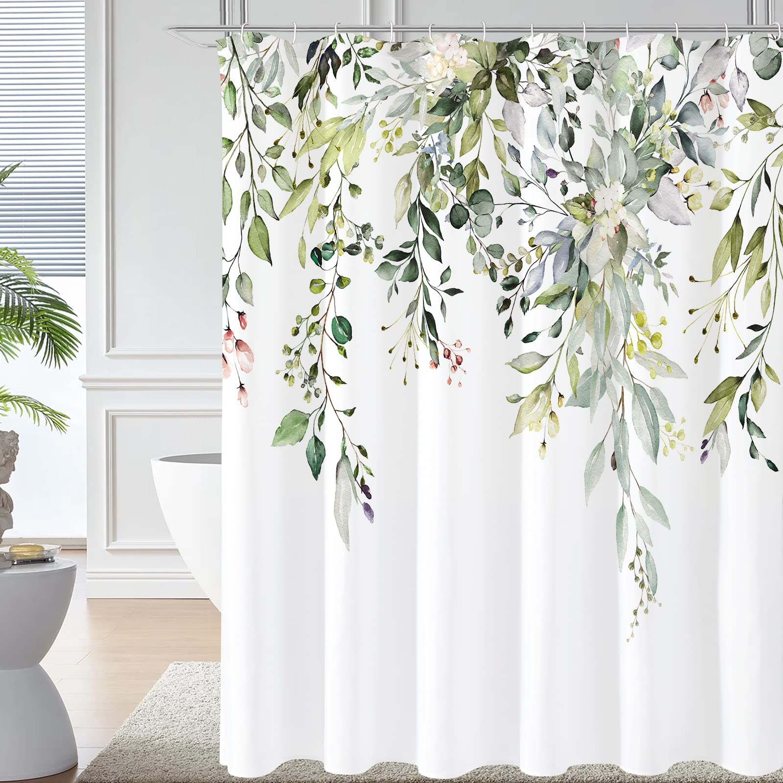 Gibelle Sage Green Eucalyptus Shower Curtain, Watercolor Plant Leaves With Floral Bathroom Decor Waterproof Fabric Shower Curtai