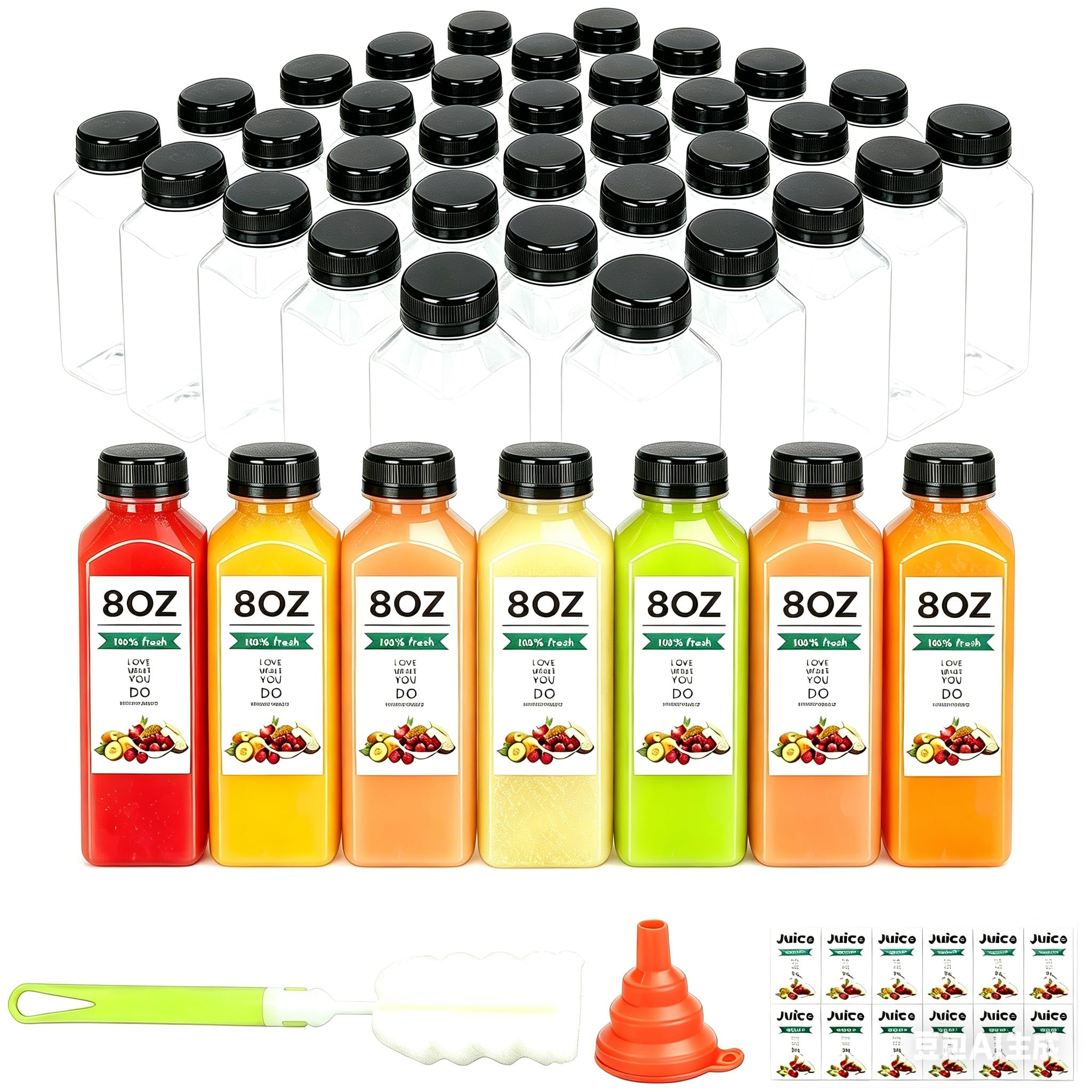 LJINOKYUN 54pcs 8oz Plastic bottles with lids, juice bottles with caps, Reusable containers and Clear beverage for milk, Smoothi