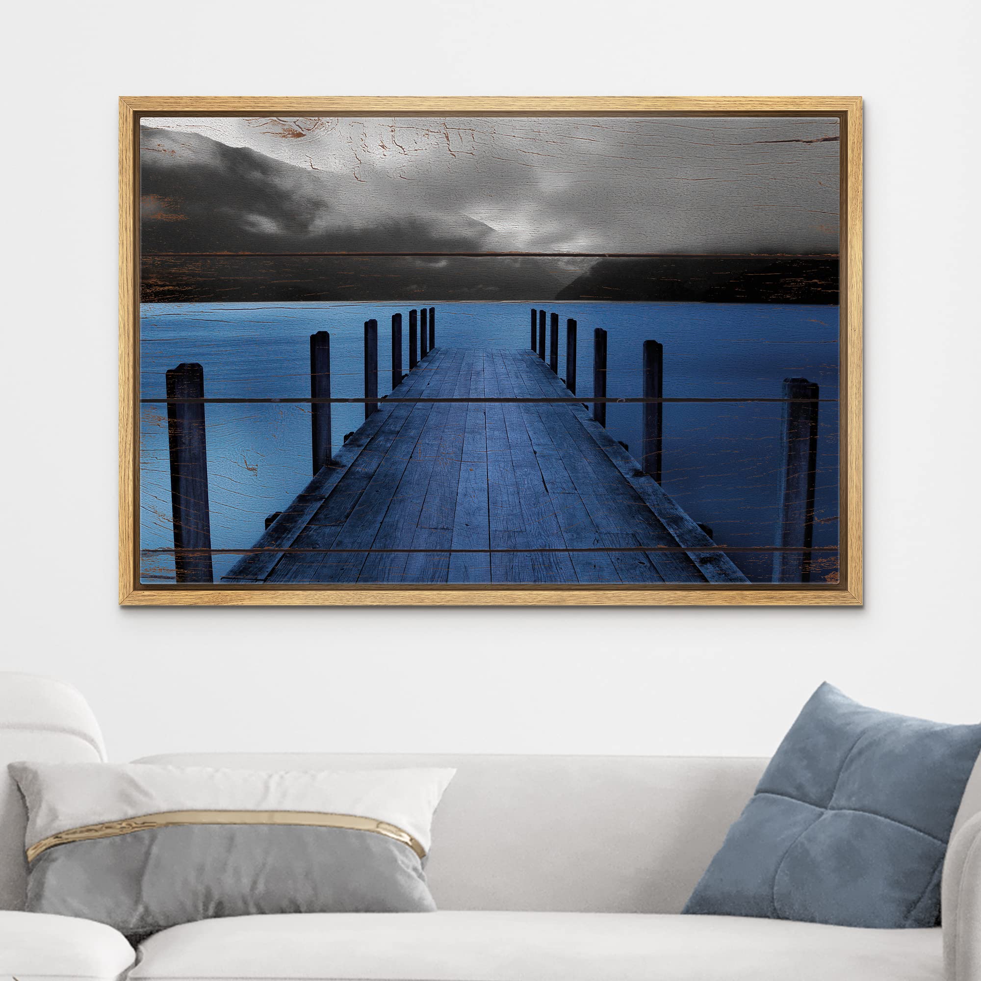 wall26 Framed Canvas Print Wall Art Evening on Black & Blue Grayscale Beach Pier Nature Wilderness Digital Art Realism Chic Colorful Multicolor Ultra for Living Room  Bedroom  Office - 16''x24'' NATURAL