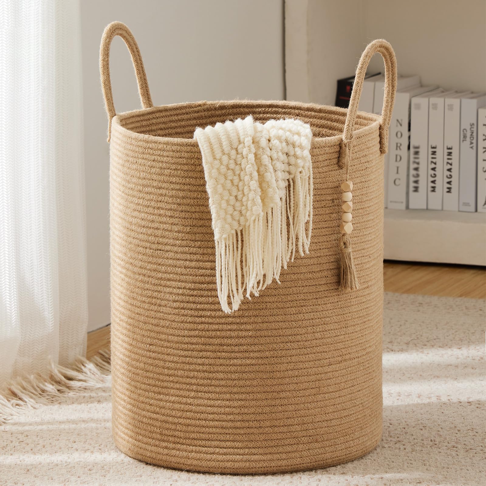 Youdenova Jute Rope Laundry Hamper Basket, 58L Tall Woven Collapsible Baskets For Blanket Organizing Clothes Hamper For Laundry