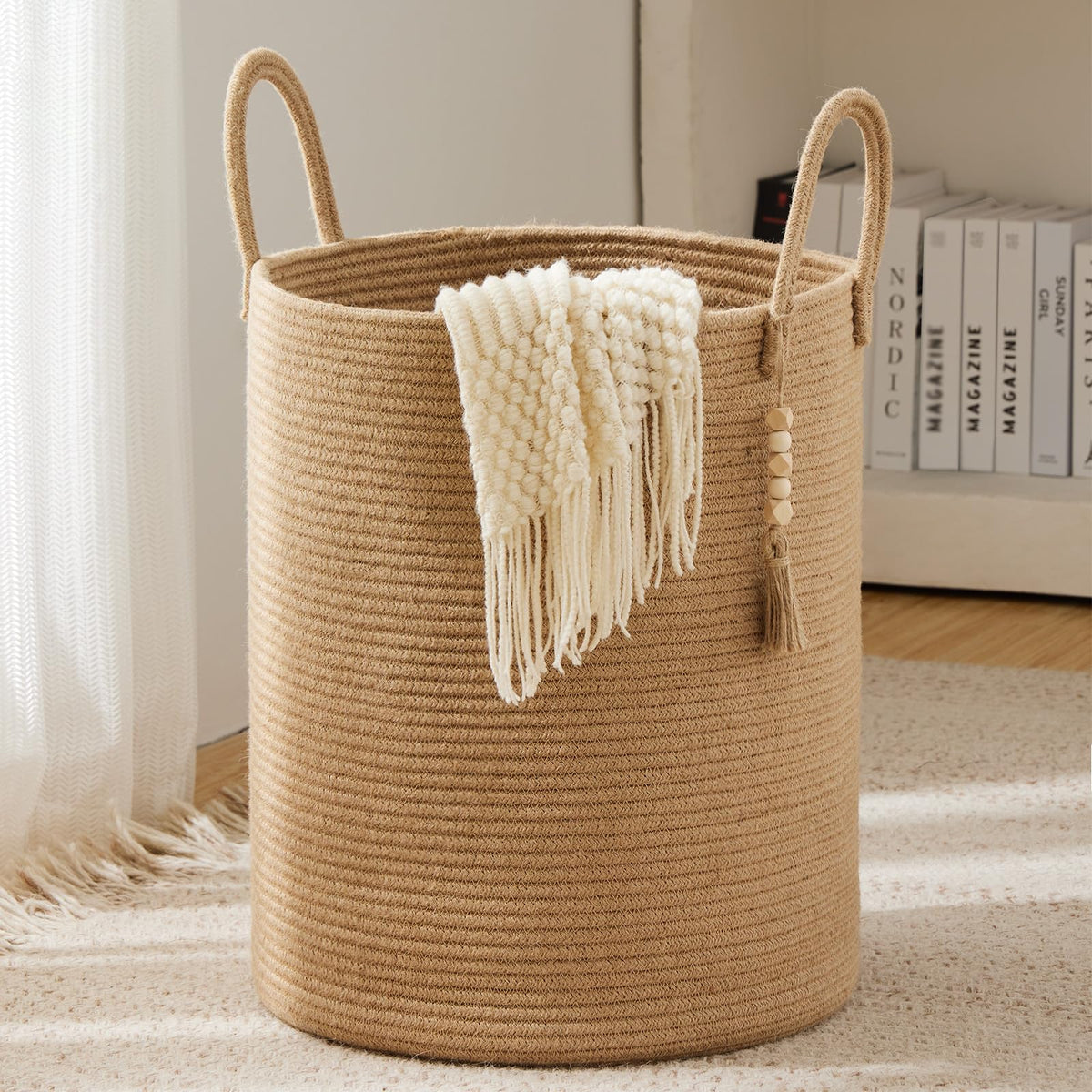 Youdenova Jute Rope Laundry Hamper Basket, 58L Tall Woven Collapsible Baskets For Blanket Organizing Clothes Hamper For Laundry