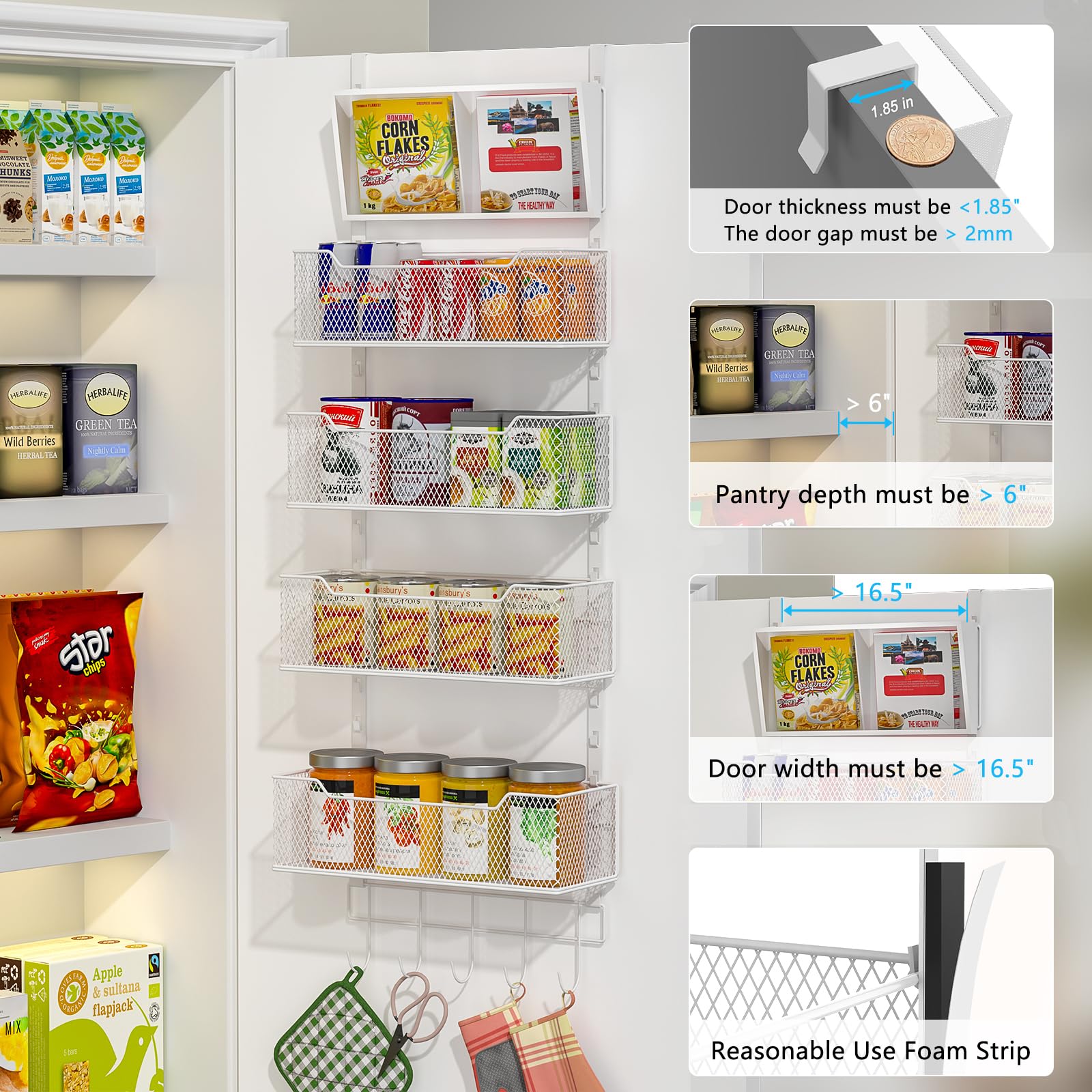 Hongtamoya Adjustable Over The Door Organizer, Hanging Door Storage With Pvc Pocket And 4 Metal Baskets Wall Mount, Behind Door
