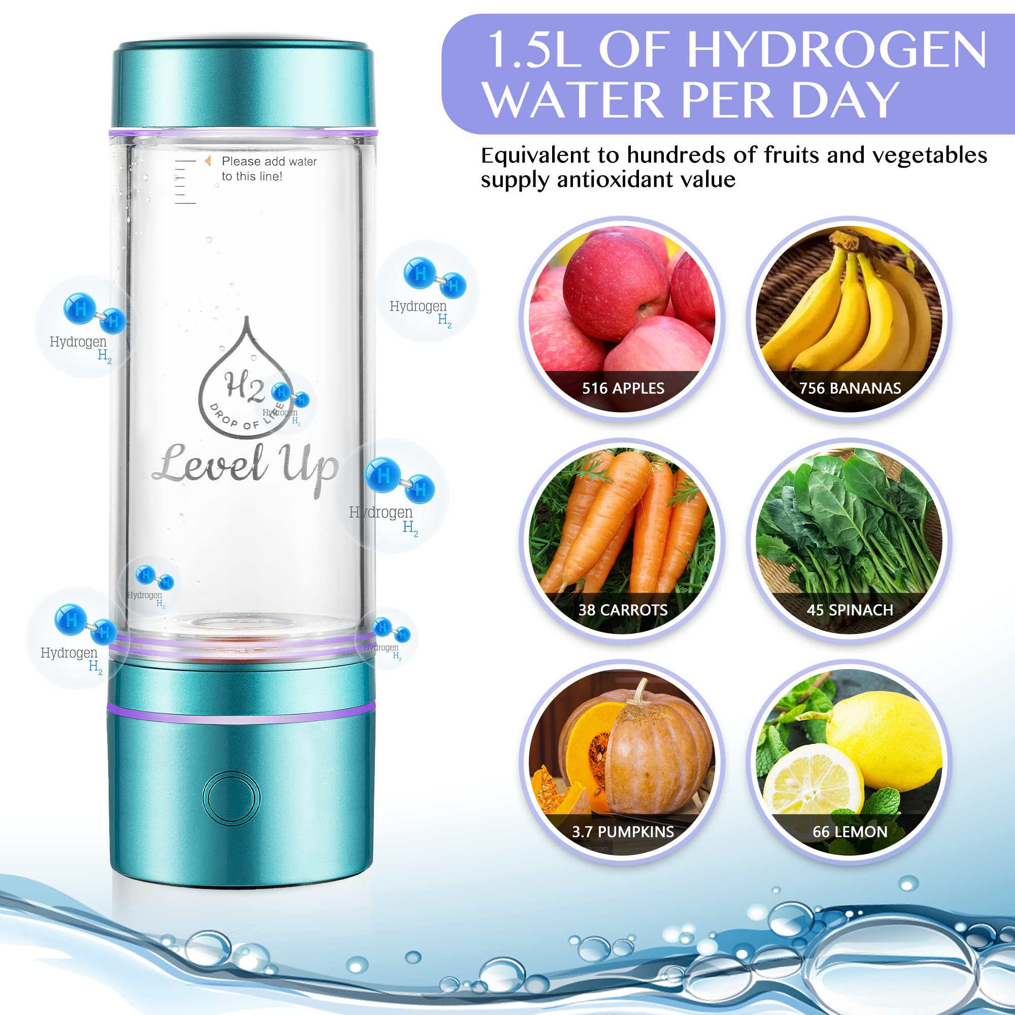 Level Up Way Hydrogen Water Bottle Generator – 2500 PPB H2 – Dual Chamber SPE PEM Technology – Blue