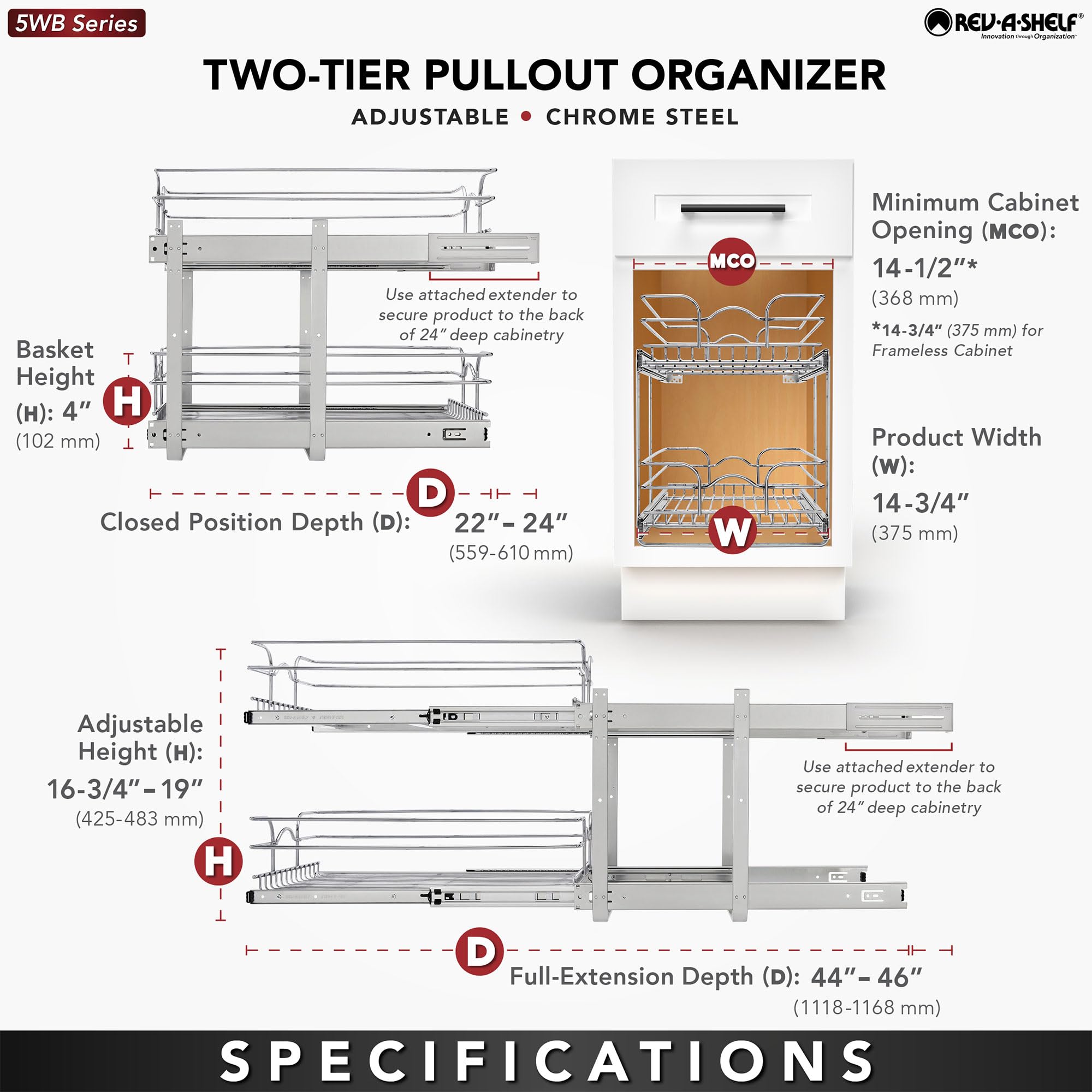 Rev-A-Shelf 2-Tier Kitchen Cabinet Pullout Shelf And Drawer Organizer Slide Out Pantry Storage Basket In Multiple Sizes, 15 X 22