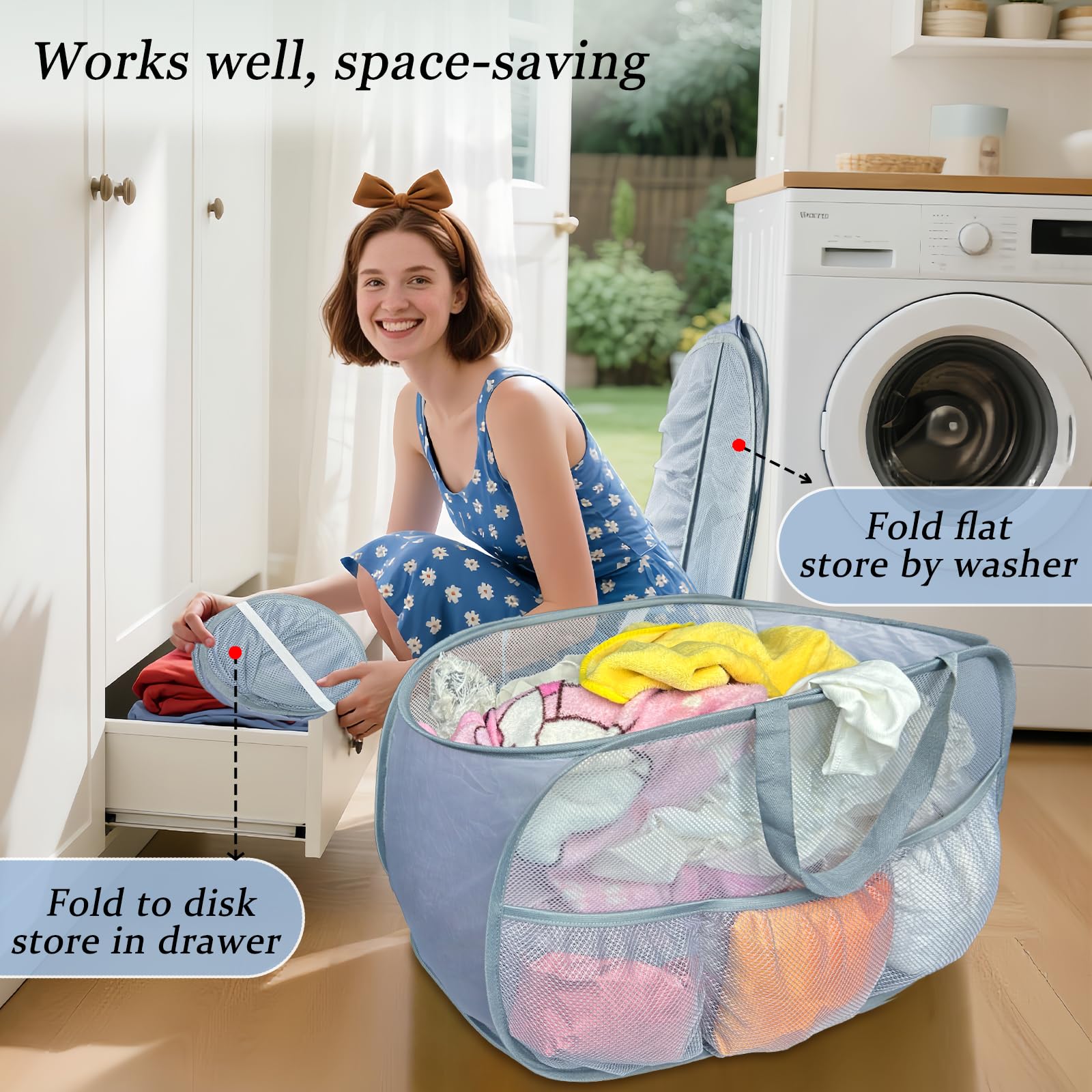 Collapsible Laundry Baskets 2 Pack, Mesh Pop Up Hamper With Handles, Portable Stair Basket, Dorm Or Room Folding Bin, Dirty Clot