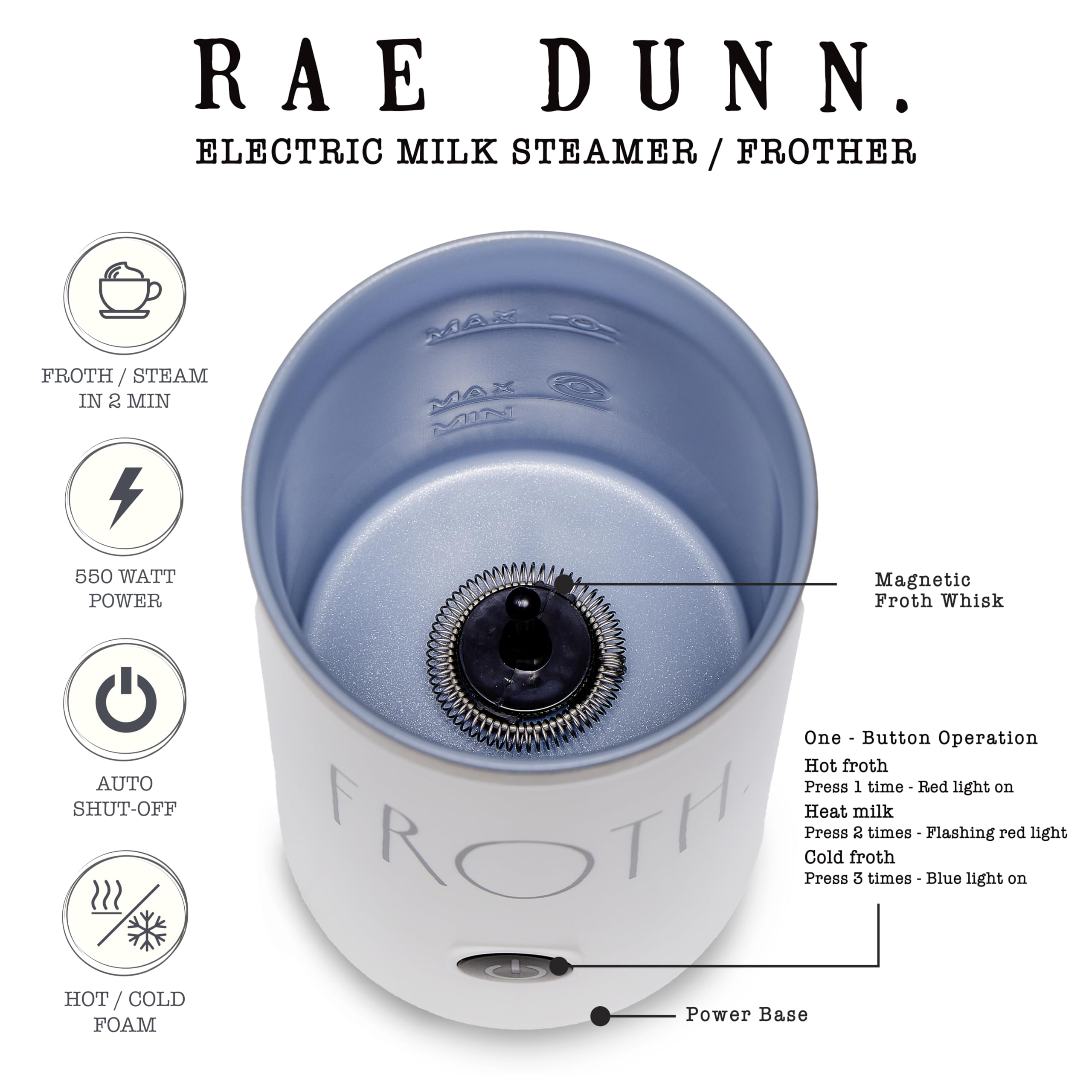 Rae Dunn Electric Milk Frother Steamer -Stylish Automatic Milk Steamer and Frother  Milk Warmer  Hot and Cold Foam Maker for Coffee  Latte  Cappuccino  Macchiato - 550 Watt (Cream)