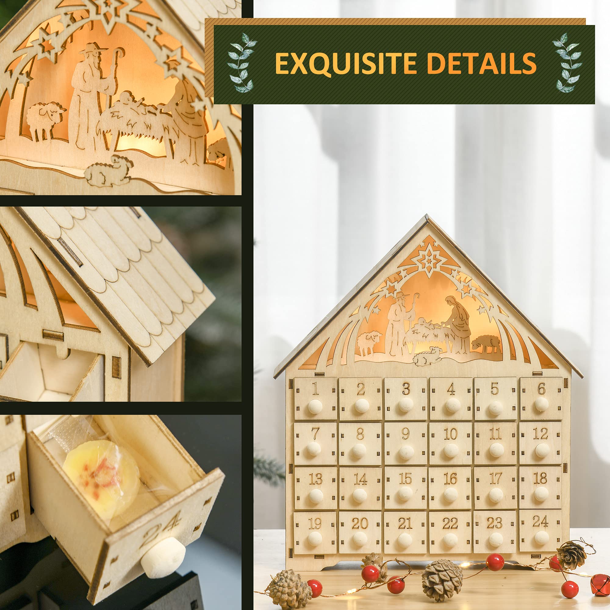HOMCOM Christmas Advent Calendar, Light Up Manger Scene Tabletop Xmas Wooden House Holiday Decoration with Countdown Drawer, Bib