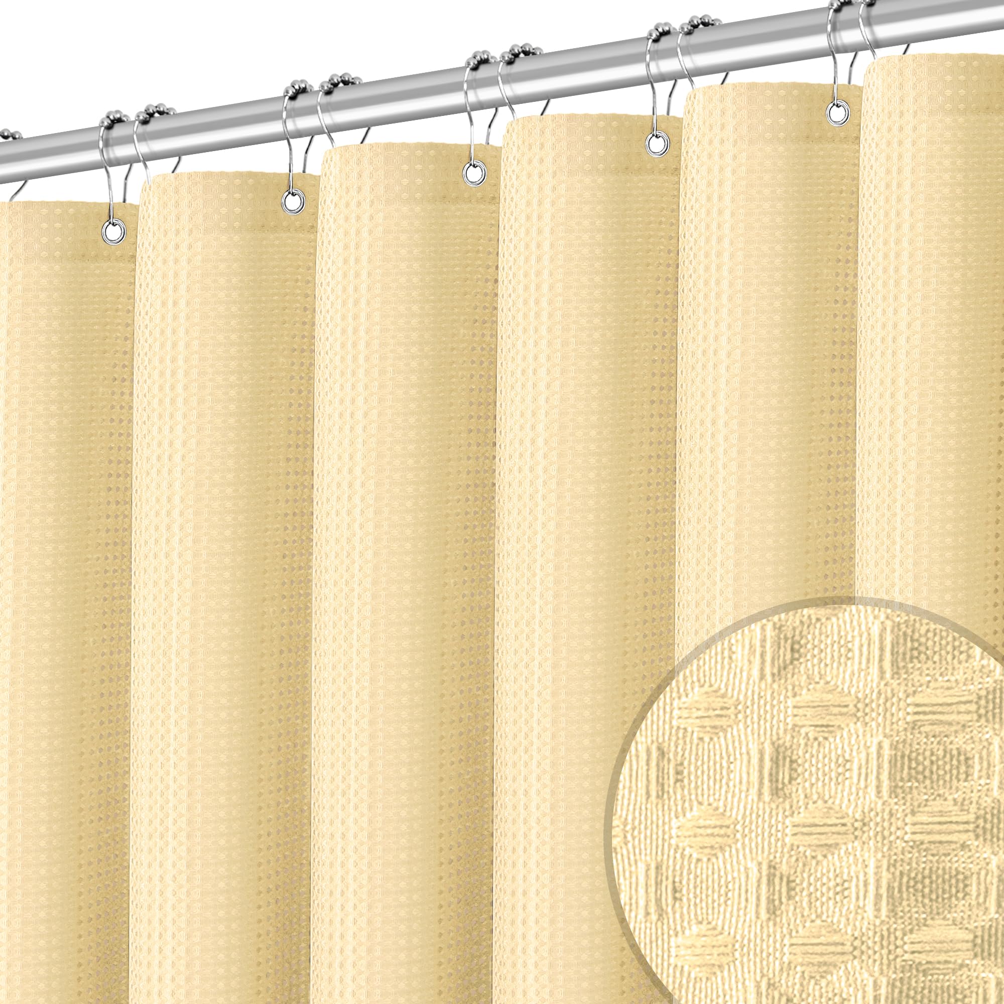 Neutral Fabric Shower Curtain For Bathroom Stall, 60 Inche Waffle Weave Shower Curtain Beige, Machine Washable Waterproof 256Gsm