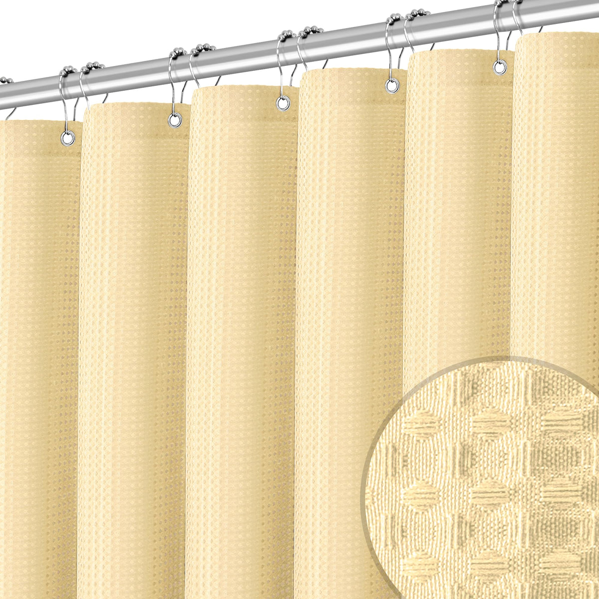 Neutral Fabric Shower Curtain For Bathroom Stall, 60 Inche Waffle Weave Shower Curtain Beige, Machine Washable Waterproof 256Gsm