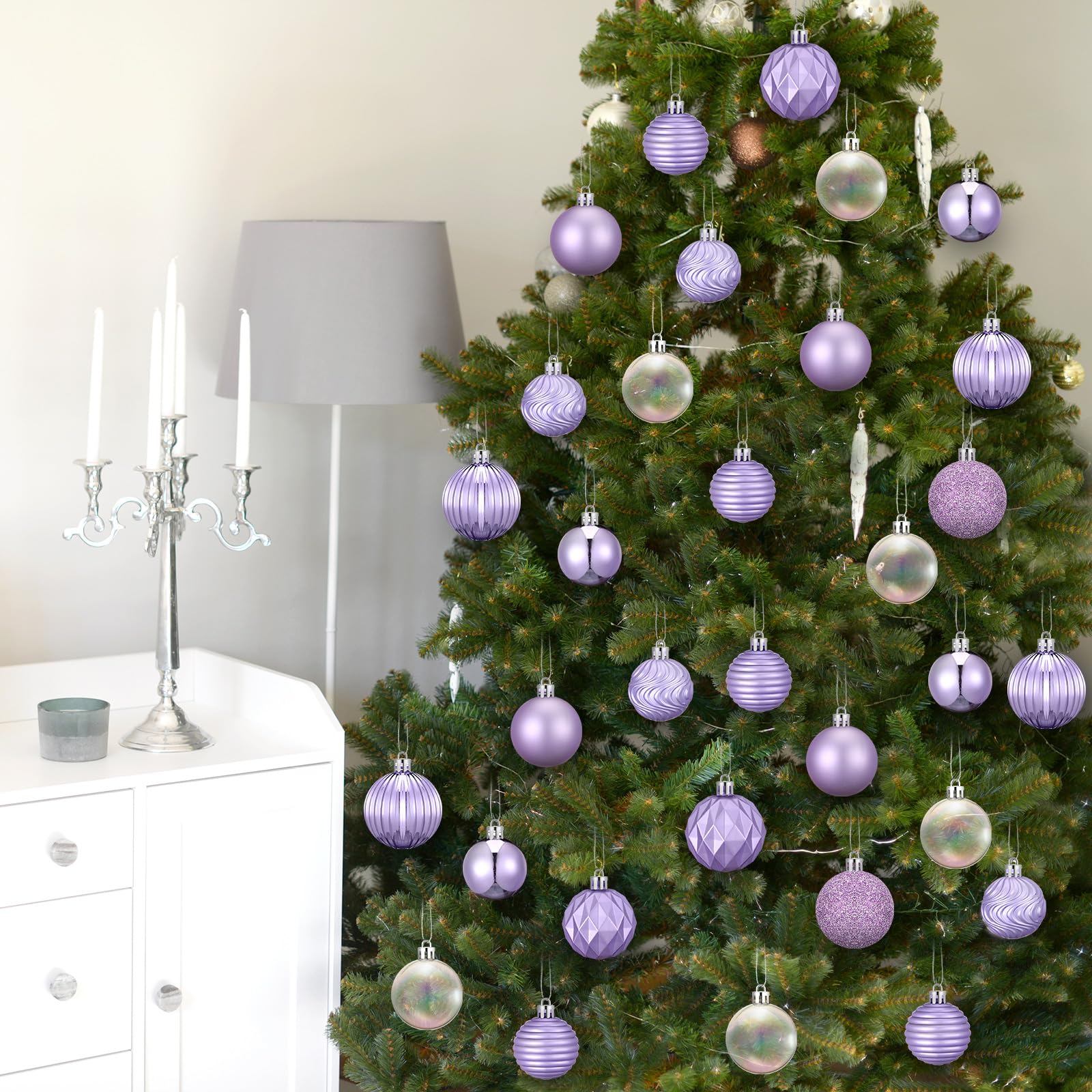 Lunmon 64 Pcs Lilac Purple Christmas Ball Ornaments Lavender Purple Christmas Ornaments Shatterproof Xmas Tree Decorations Set 1