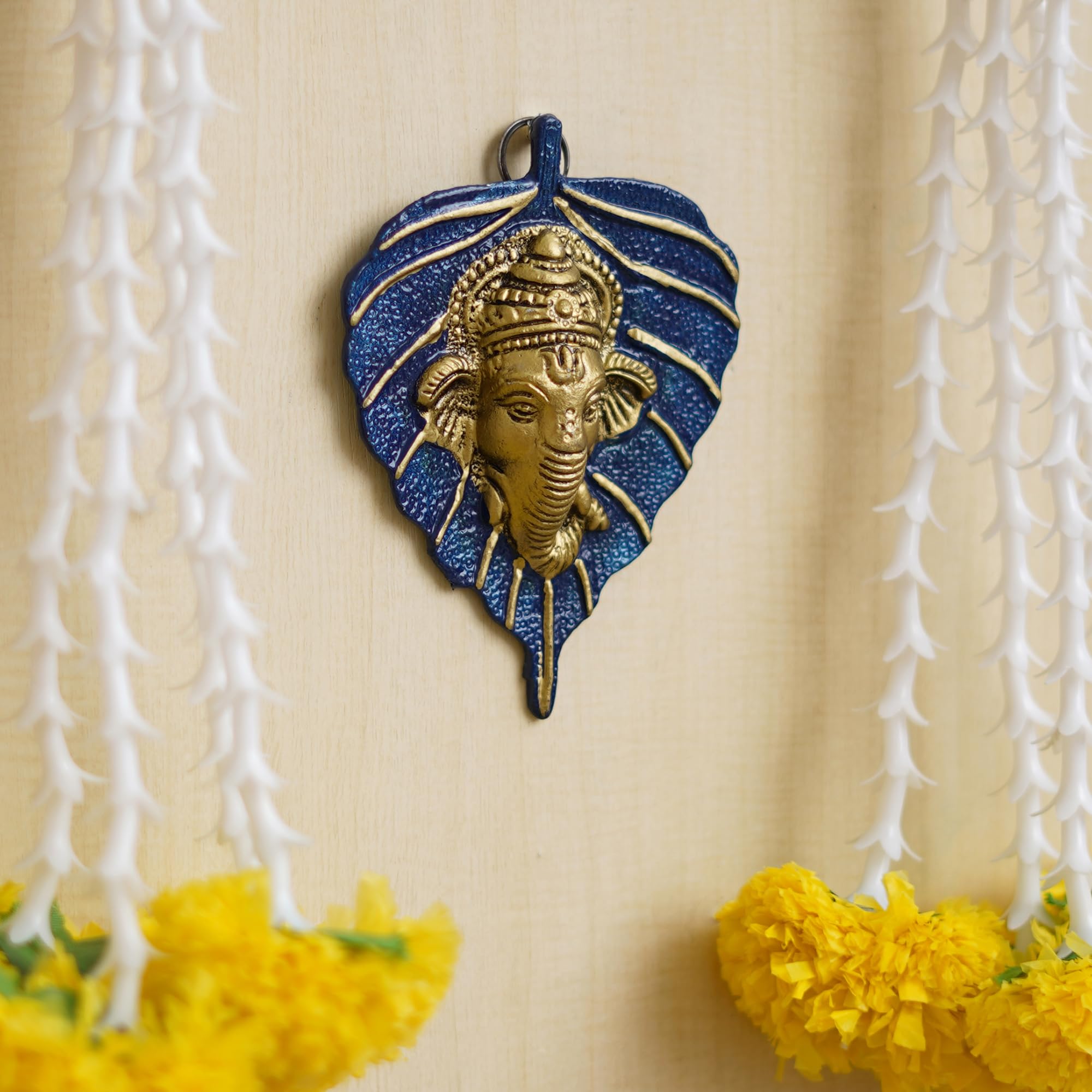 Ecraftindia Blue & Golden Lord Ganesha Face On Leaf Wall Hanging Decorative Showpiece For Home, Office, Mandir | Ideal For Diwal