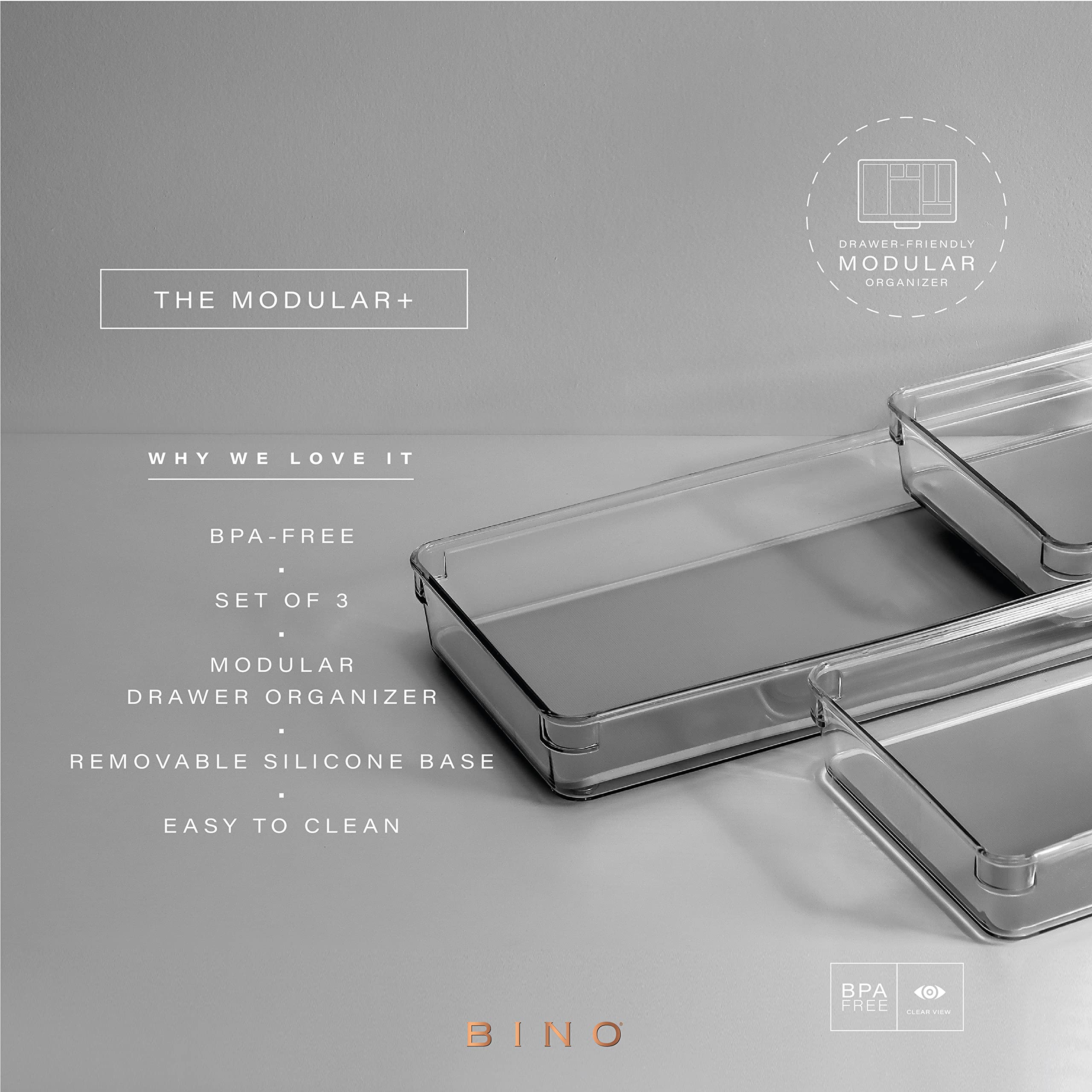 BINO | 3-Piece Drawer Organizer Bin Set - Grey, Large | THE MODULAR+ | Multi-Purpose Storage | Soft-Grip Lining and Non-Slip Rub