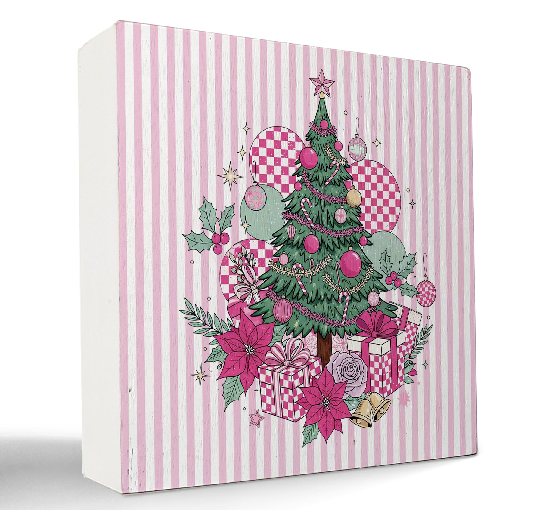 kunlisa Pink Christmas Tree Wooden Sign, Pink Christmas Desk Decor, Preppy Festive Xmas Tree Poinsettias Wood Box Sign for Home 