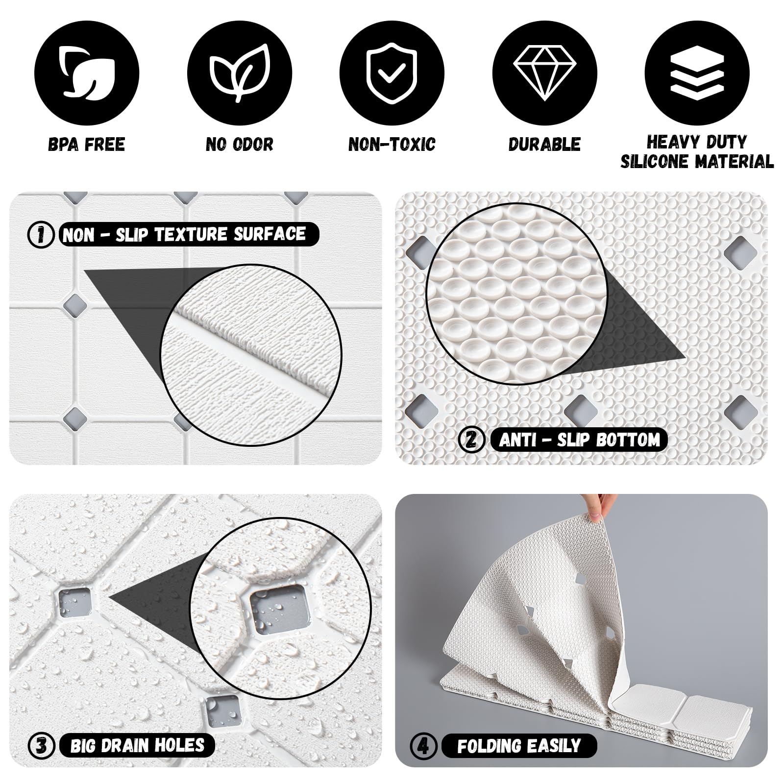 Kinbear Bath Mat For Textured Tub: Silicone Bathtub Mat Foldable Shower Mat Non Slip Tub Mat No Suction Cups 28 X 17.7Inch - Whi