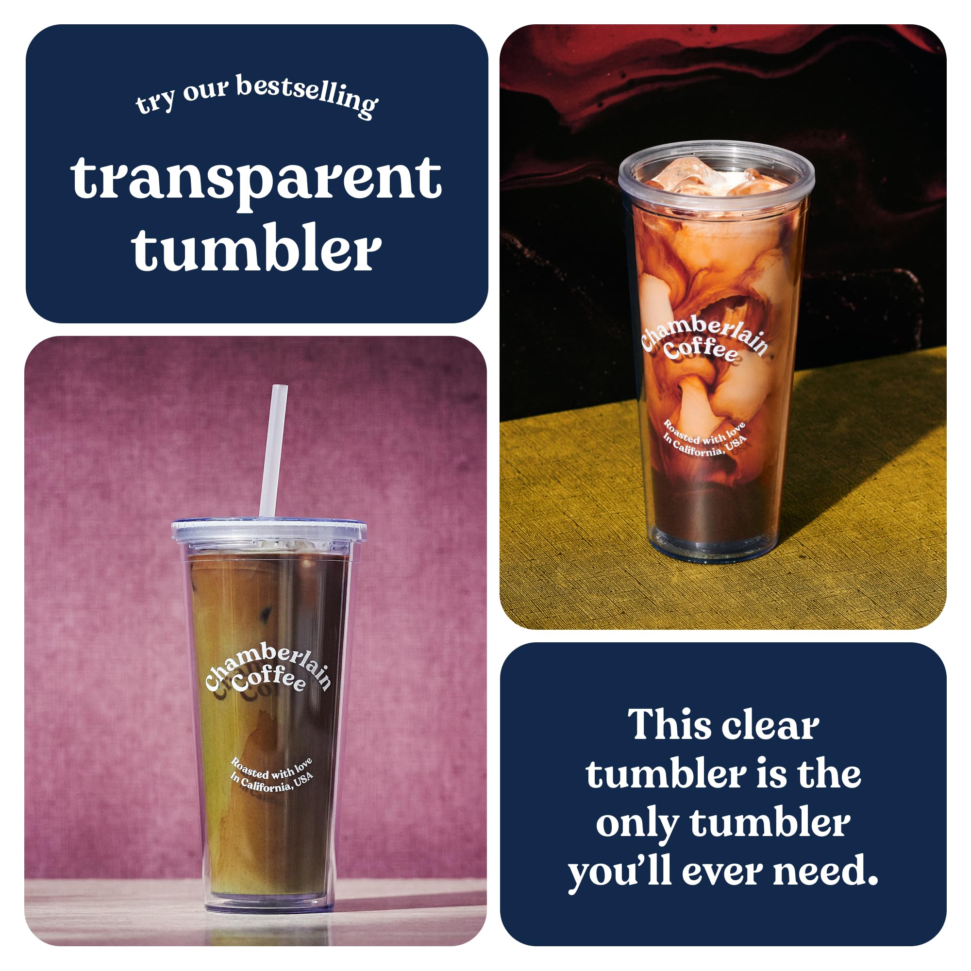 Chamberlain Coffee Tumbler - Clear Tumbler With Lid And Straw - 24 Oz Insulated Iced Coffee Cup - Double Wall Tumbler For Cold B