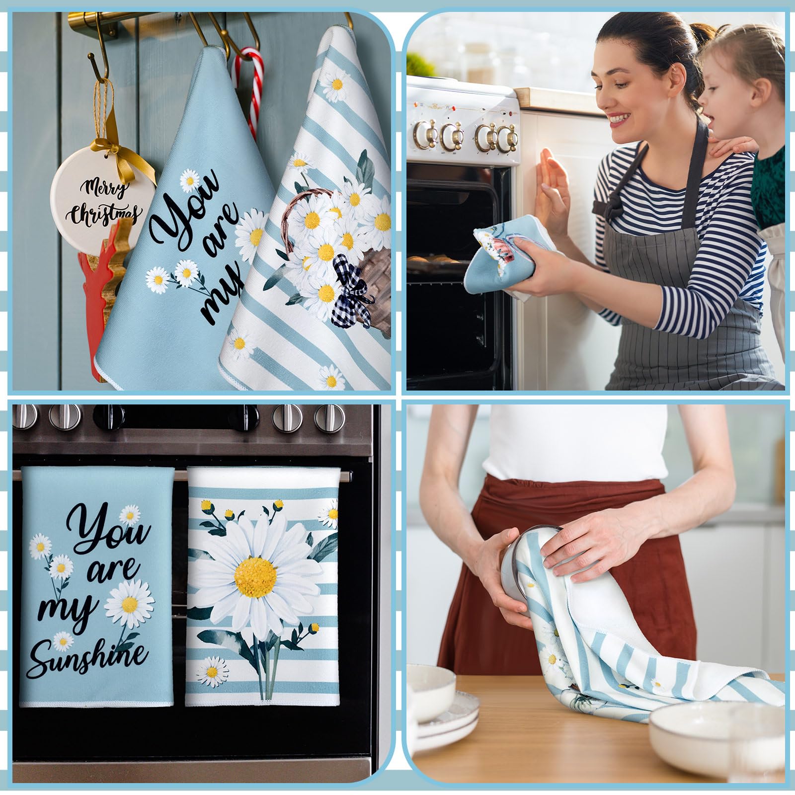 Boyiee Set of 6 Daisy Flower Kitchen Towels Daisy Stripes Tea Towels Floral Absorbent Dishtowels 24 x 16 Inches Housewarming Gif
