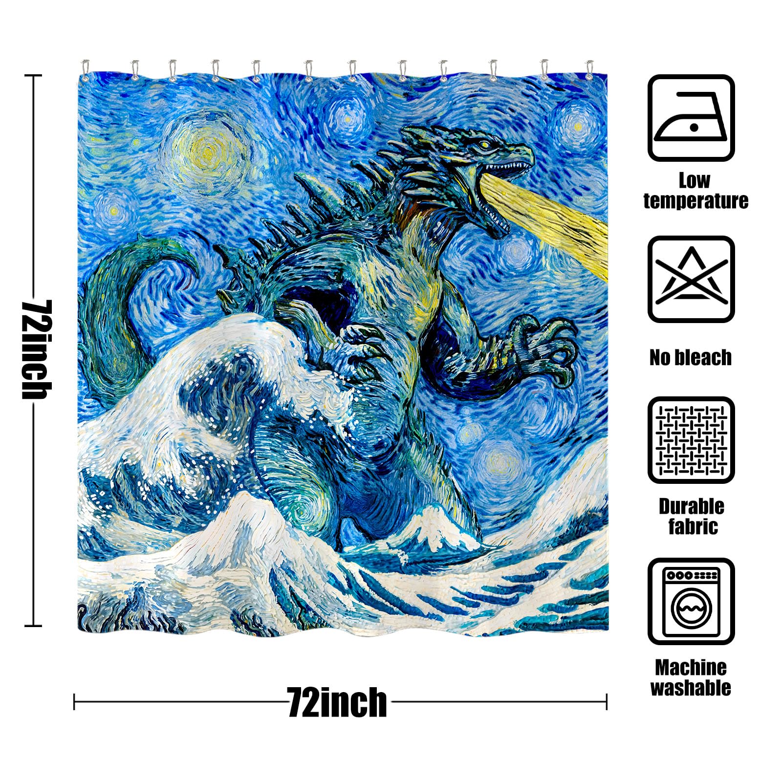 Wegklazax Dinosaur Shower Curtain Monster Funny Shower Curtain Van Gogh Wave Shower Curtain Bathroom Curtain Decor Set With 12 H