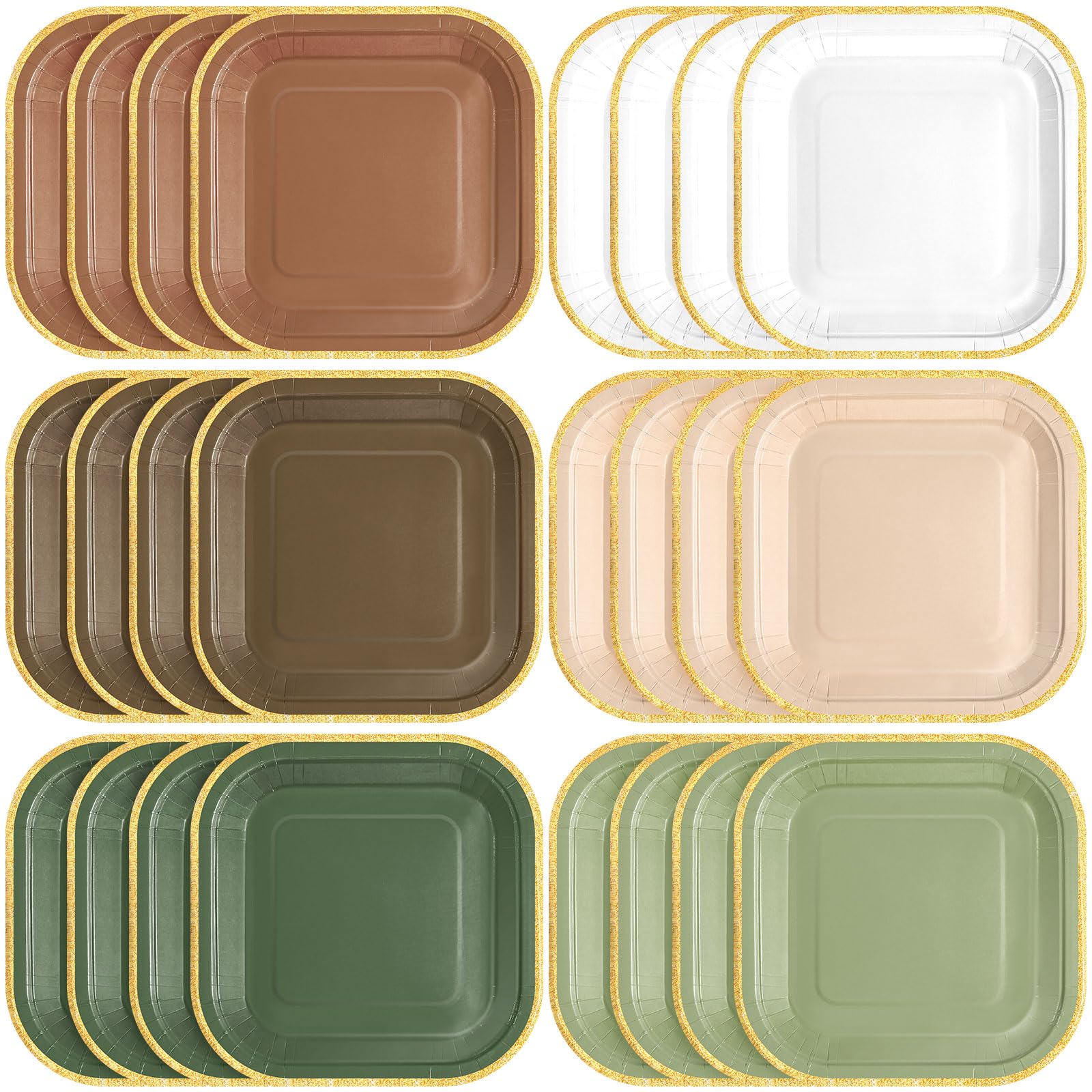 Tiangrid 60 Pcs Woodland Green and Brown Paper Plates 7 Inch Gradient Disposable Square Dessert Party Plates with Gold Edge for 