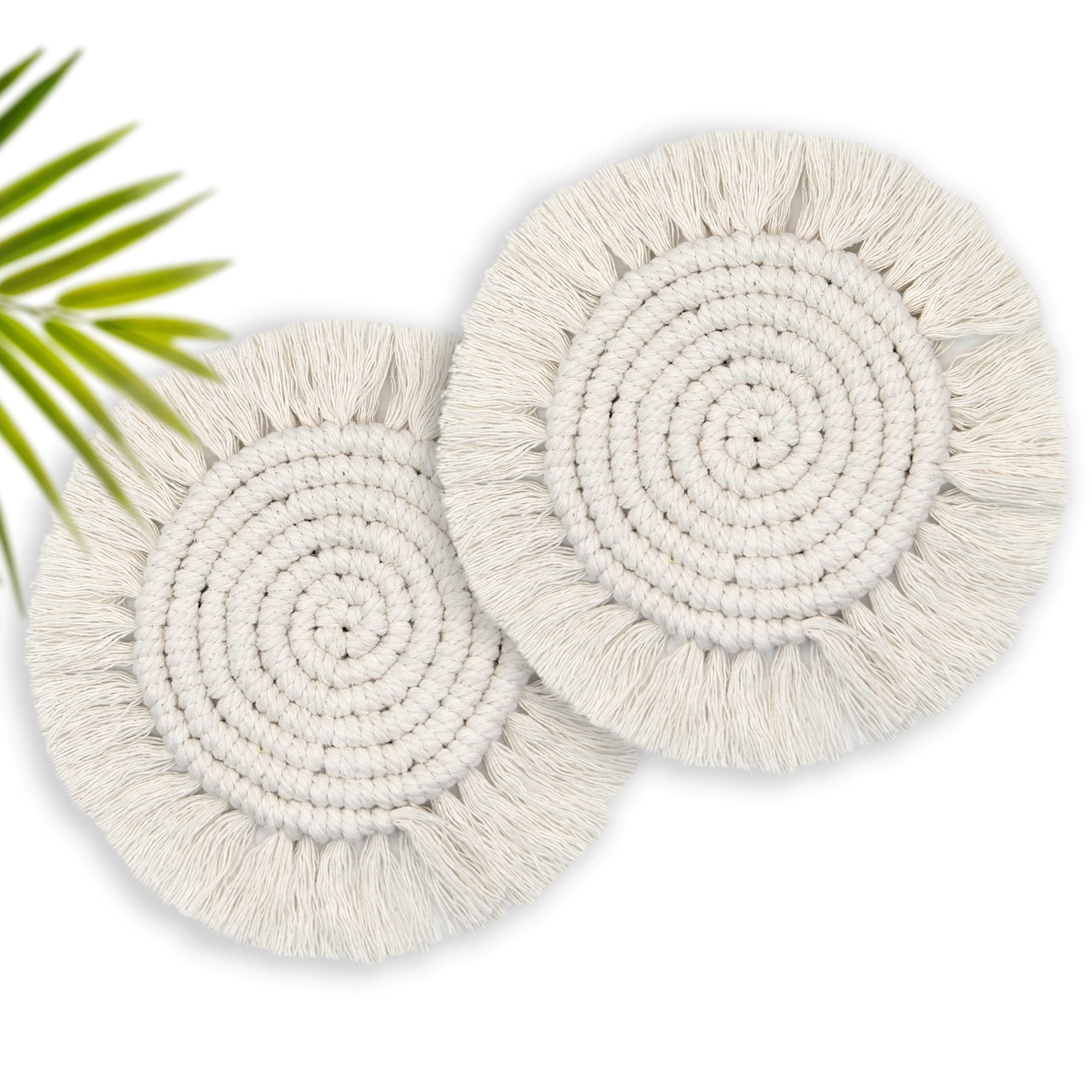 Coasters for Drinks Absorbent  Boho Coasters for Wooden Table  Farmhouse Drink Coaster Set for Kinds of Mugs and Cups  Cute Macrame Coasters for Housewarming Gift  2PCS Round  Beige