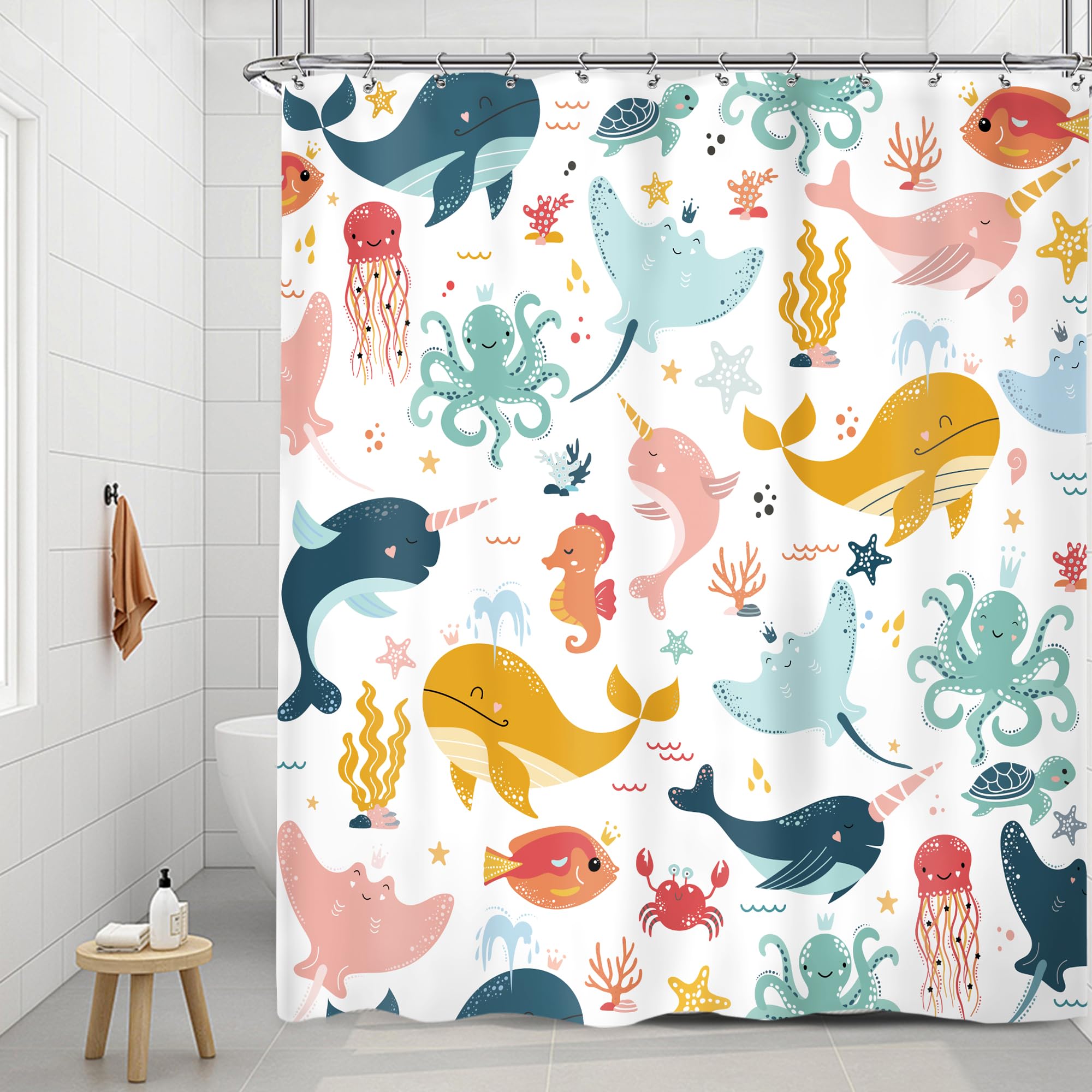 Riyidecor Funny Whale Kids Shower Curtain 60Wx72H Inch Cartoon Dolphin Curtains Cute Sea Marine Animal Ocean Fish Undersea Seali