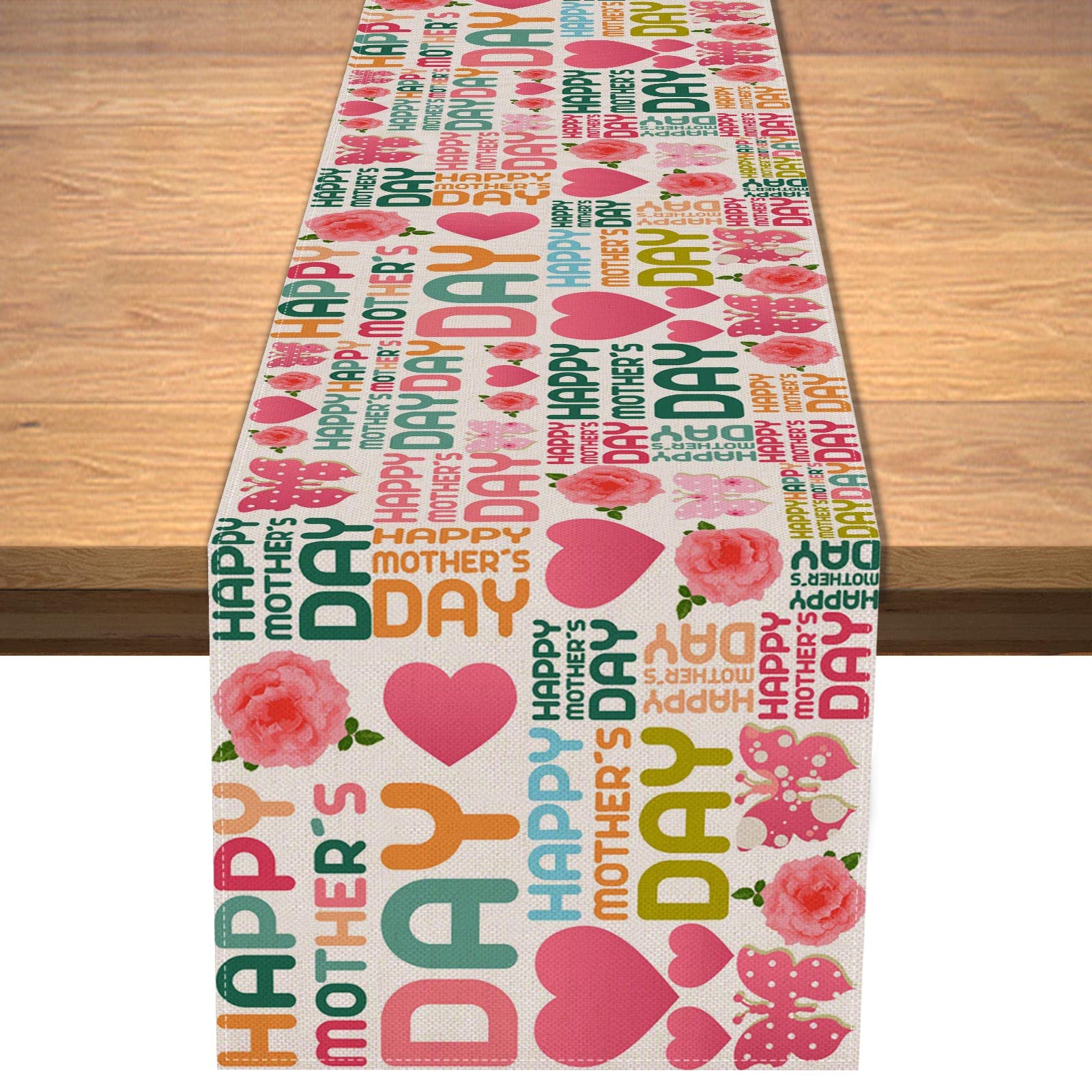 Vohado Happy Mother'S Day Table Runner Pink Rose Butterfly Love Kitchen Dining Table Decoration Buffalo Plaid Table Cover Linen