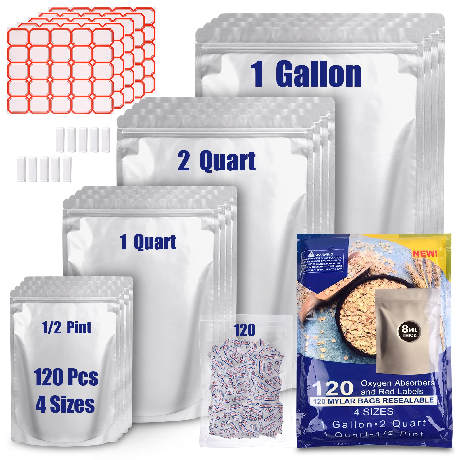 120 Mylar Bags for Food Storage with Oxygen Absorbers 300cc  8 Mil 1Gallon 10''x14''  7.5''x11.5''  6''x9''  4.3''x6.3'' Stand-Up Zipper Resealable Bags & Heat Sealable Food Storage Bags + Labels