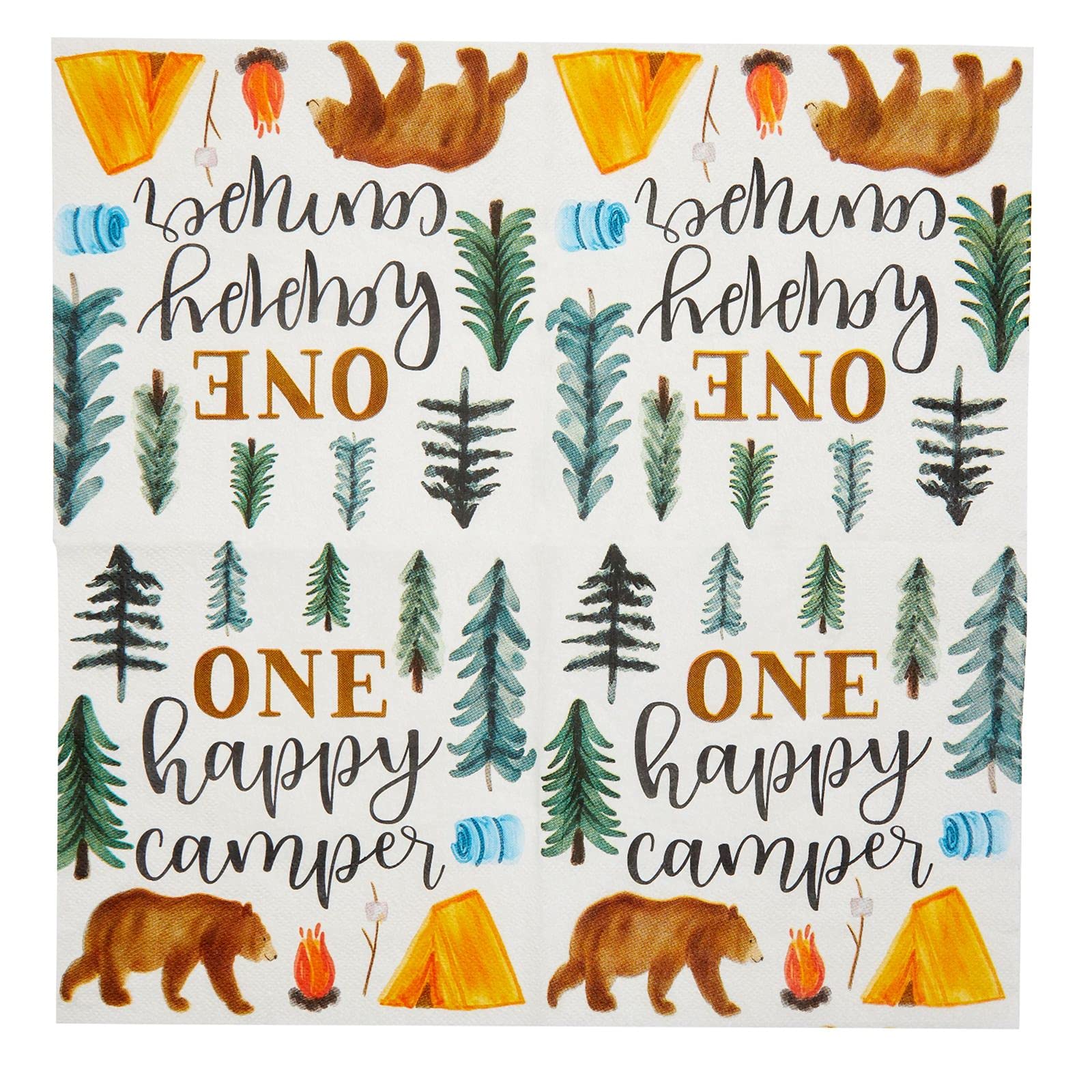 Blue Panda Camping Napkins For 1St Birthday Party Supplies, One Happy Camper (6.5 In, 100 Pack)