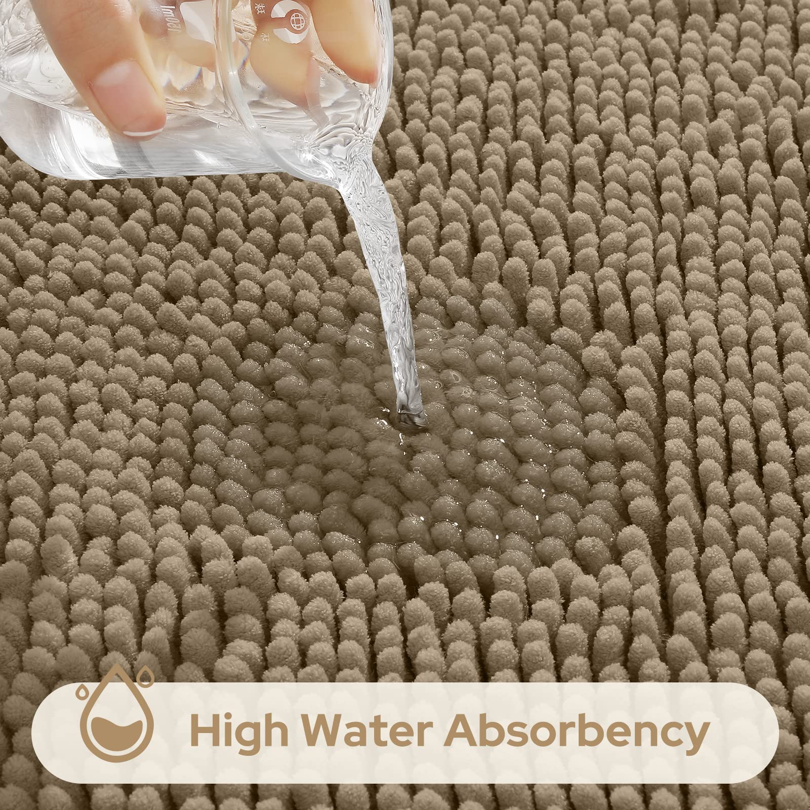 HOMEIDEAS 3 Pieces Bathroom Rugs  Ultra Soft Non Slip Absorbent Chenille Toilet Bath Mat Set (Taupe)