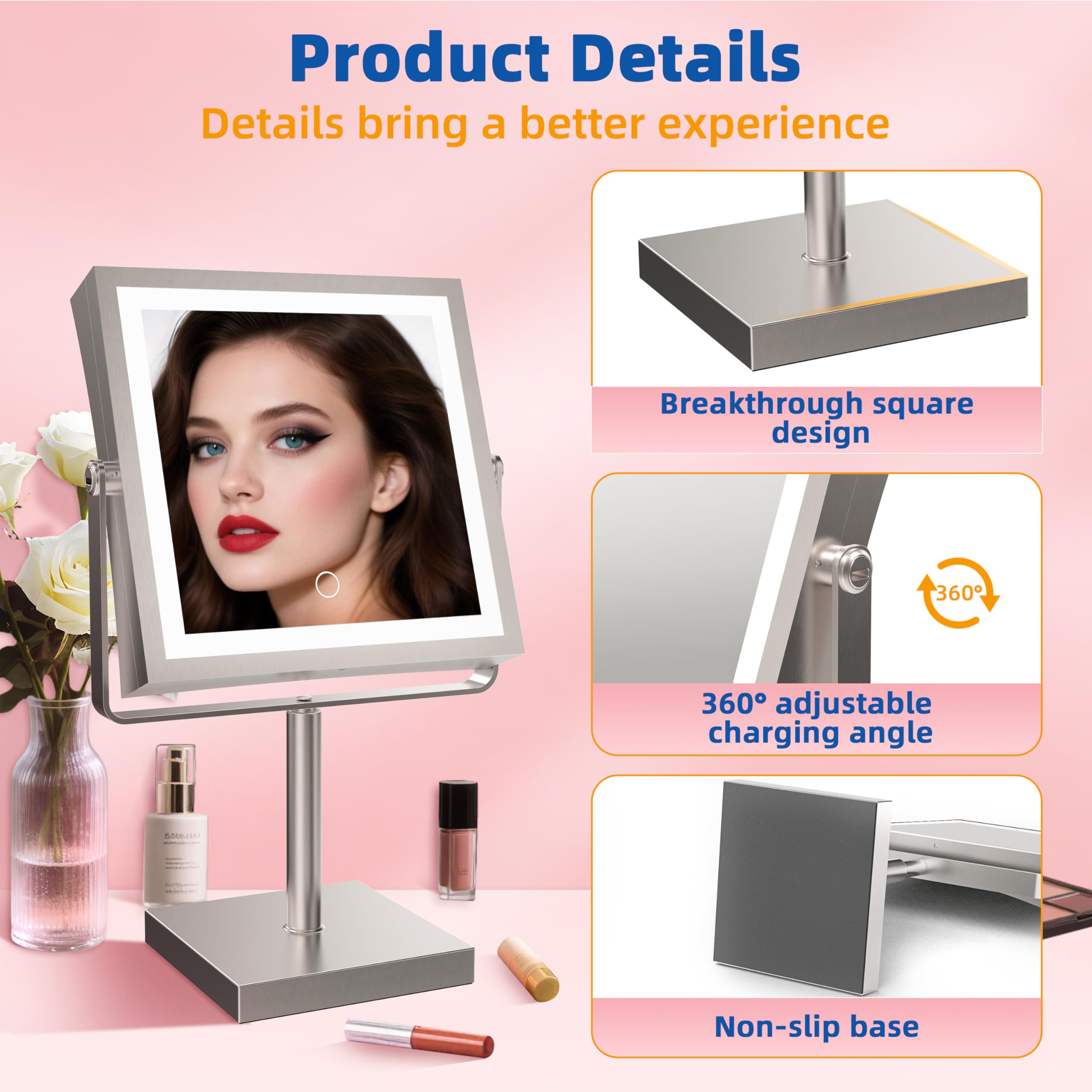 Ruacq Rechargeable Makeup Mirror, 4000Mah Lighted Makeup Mirror With Magnification1X/10X, Height Adjustable Vanity Mirror With L