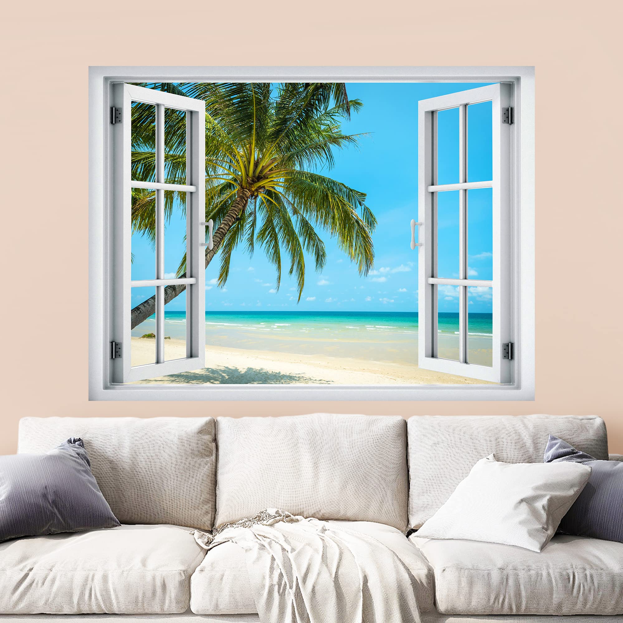 wall26 Removable Wall Sticker/Wall Mural Window View Tropical Beach Palm Tree Island Paradise Nature Wilderness Photography Realism Landscape Multicolor for Living Room  Bedroom  Office - 24''x32''