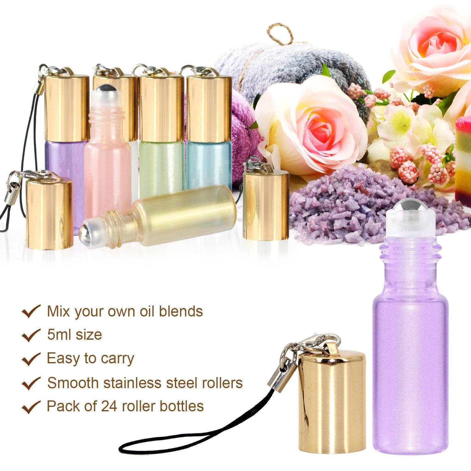 Mavogel Essential Oil Roller Bottles - 24 Pack 5ml Pearl Colored Glass Roller Bottles with Stainless Steel Roller Balls  Essential Oil key Opener and Droppers Included