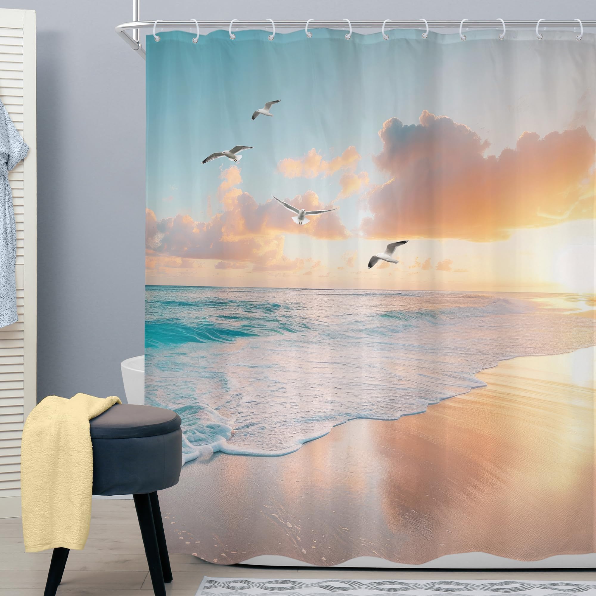 Cinbloo Beach Shower Curtain 60Wx72H Pink Blue Summer Ocean Coastal Sunset Sunrise Hawaii Tropical Bathroom Curtain Seaside Bird