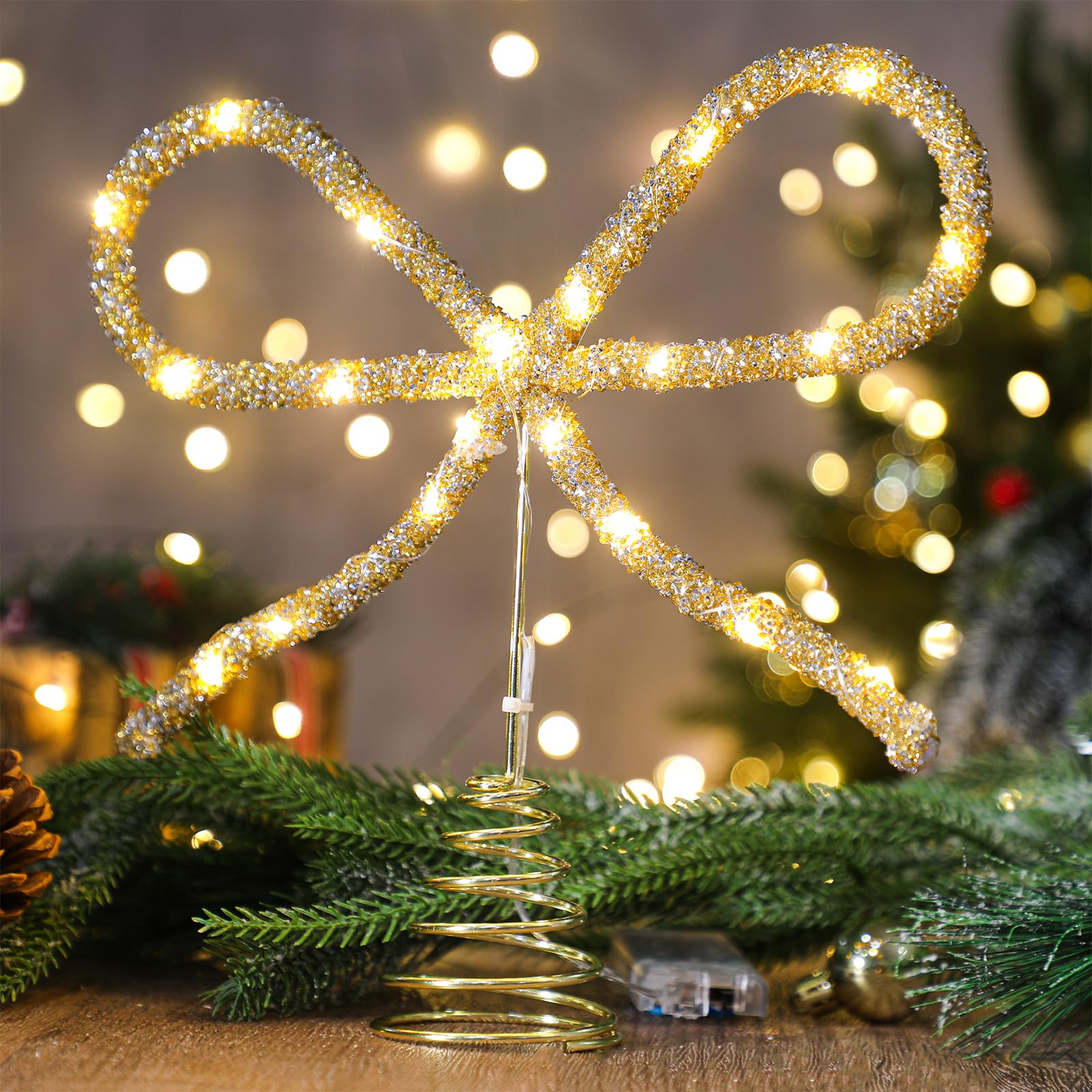 Retisee 9.8 Christmas Bow Tree Topper Gold Rhinestone Bow LED Tree Topper Christmas Decorations Decor for Xmas Holiday Wedding B