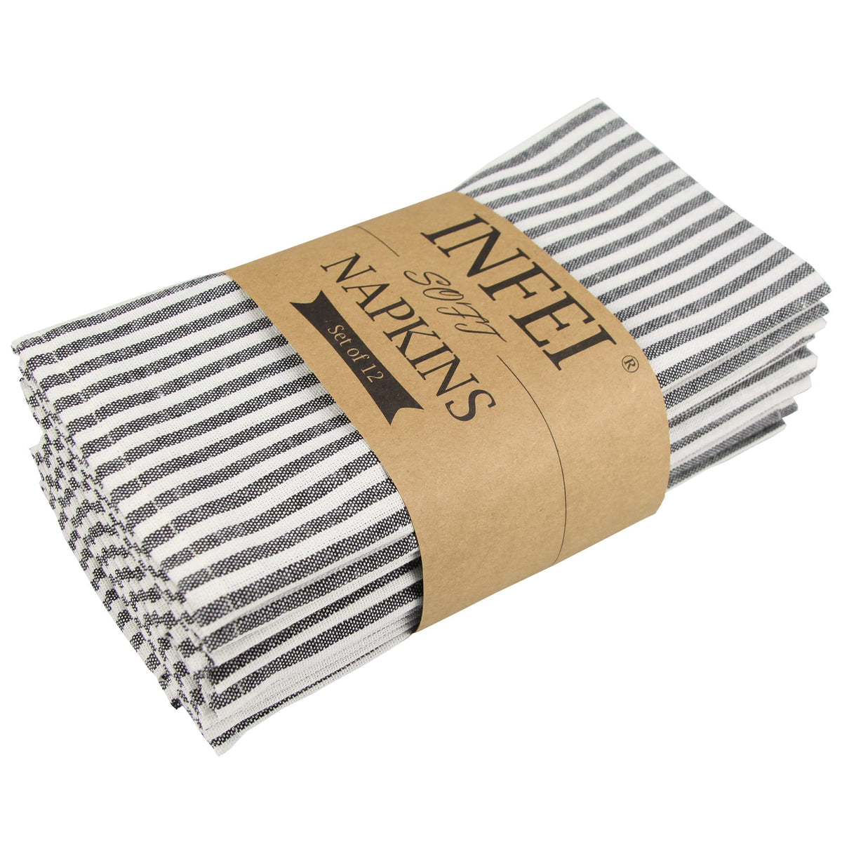 Infei Plain Striped Cotton Linen Blended Dinner Cloth Napkins - Set Of 12 (17 X 17 Inches) - For Events & Home Use (Black)