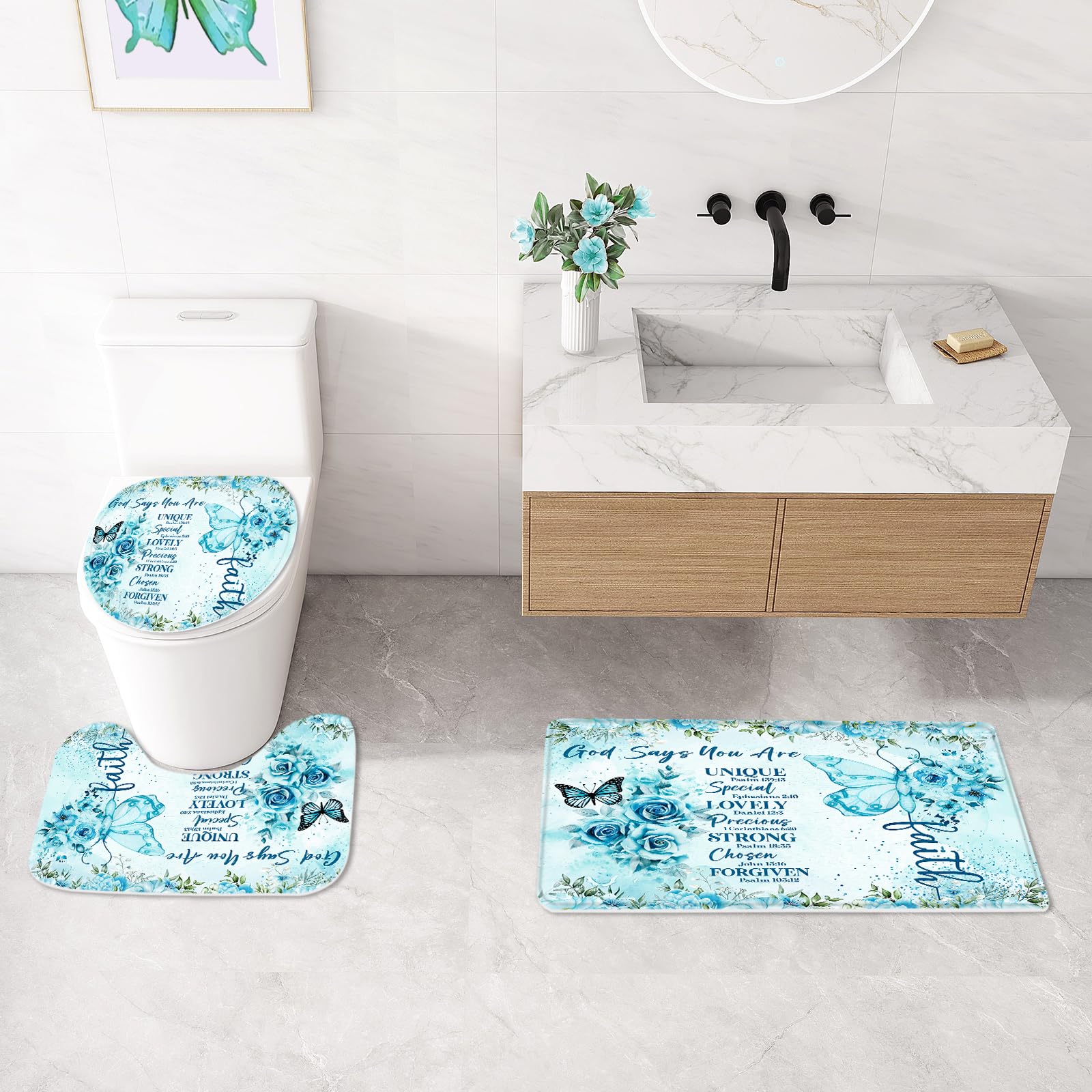 Litabel 4 Pcs Teal Butterfly Inspirational Quotes Shower Curtain Set With Rugs And Toilet Lid Cover, Colorful Boho Waterproof Fa