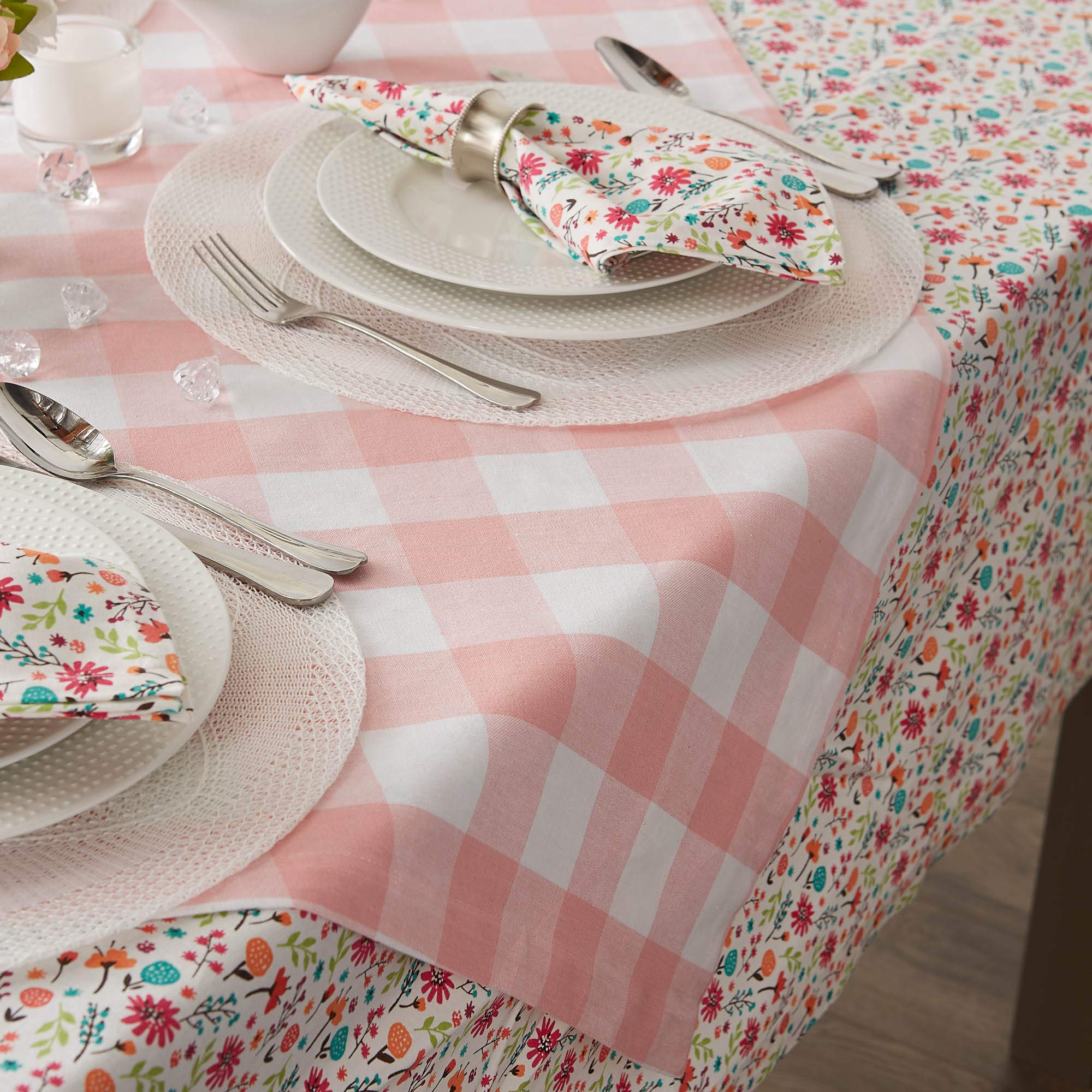 Dii Buffalo Check Collection, Classic Farmhouse Tablecloth, Table Topper, 40X40, Pink & White