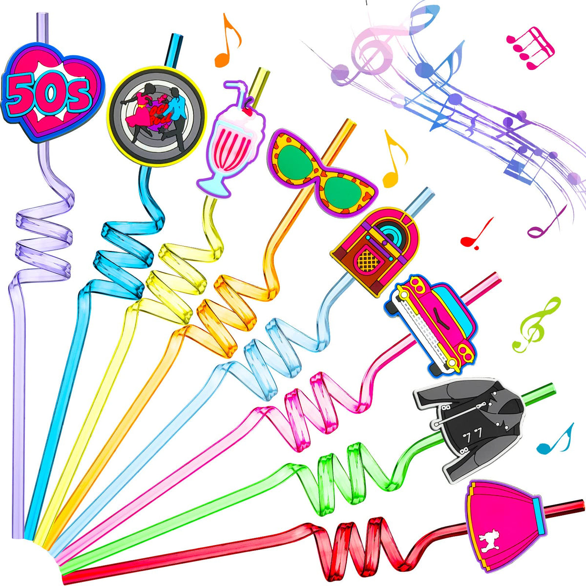 Skyley 24 Pieces 50'S Hip Hop Straws Rock Party Drinking Straws 1950'S Retro Silly Back To Favors For Kids Adults Music Disco Da