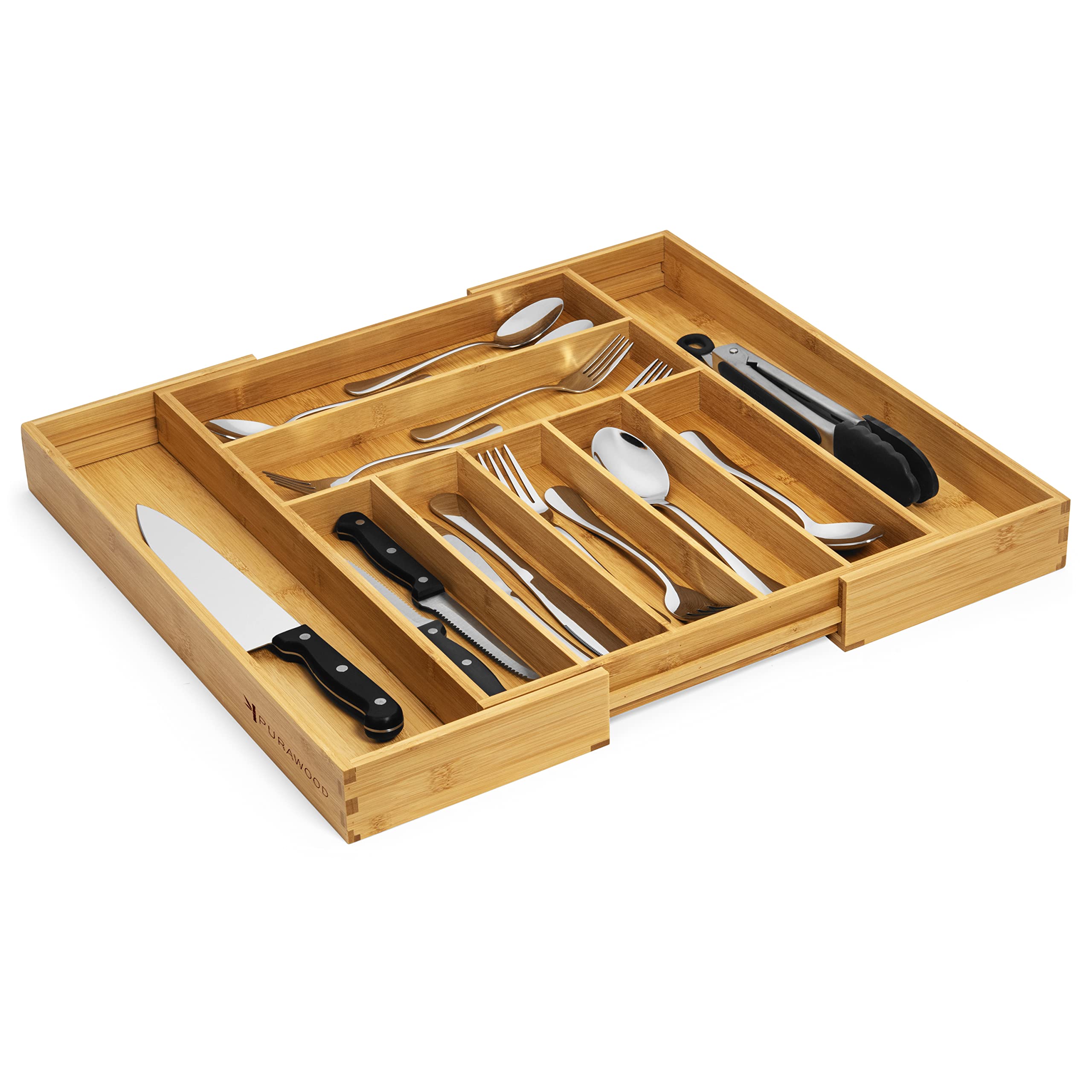 Purawood Bamboo Silverware Organizer - Expandable Cutlery Tray, 2 Pack, Natural, Model PW792