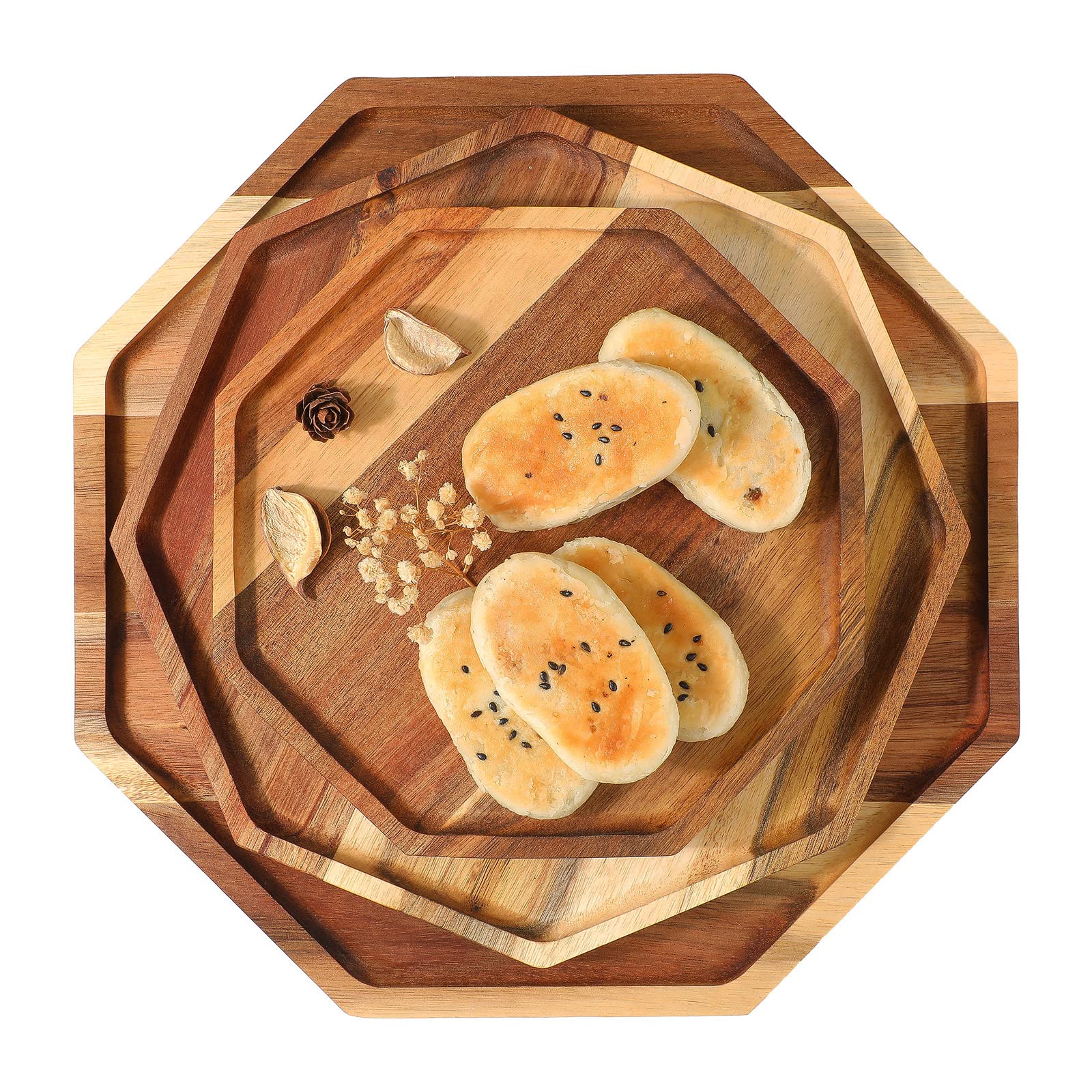 Set Of 3 Acacia Wood Serving Trays (8'' 10'' 12'') Octagon Wooden Home Decor Platters For Fruit, Vegetables, Dessert, Cheese, Ap
