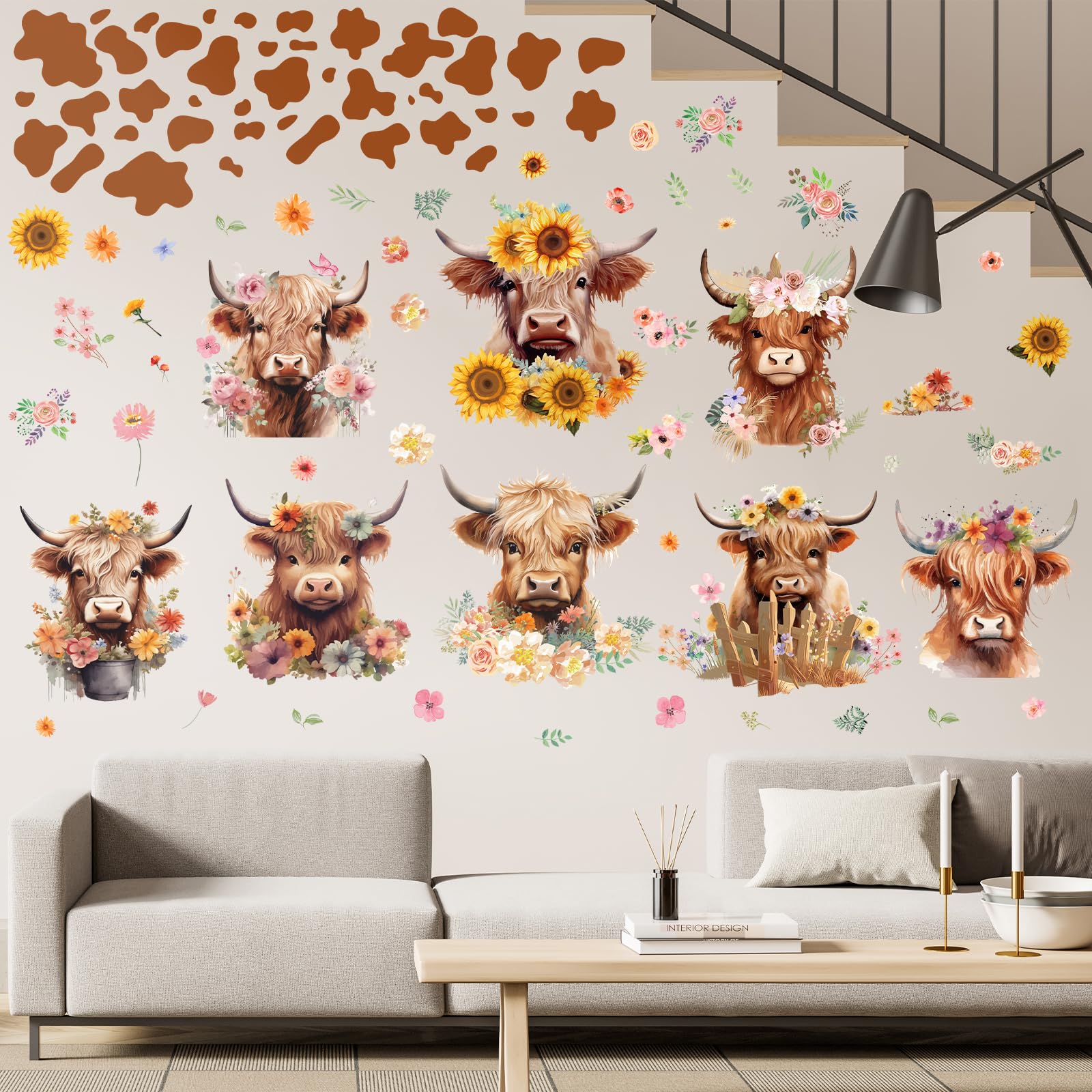 Wxiben Highland Cow Wall Decals - Cow Print Wall Stickers Decor Flower Wall Sticker Removable Floral Wall Murals Peel And Stick
