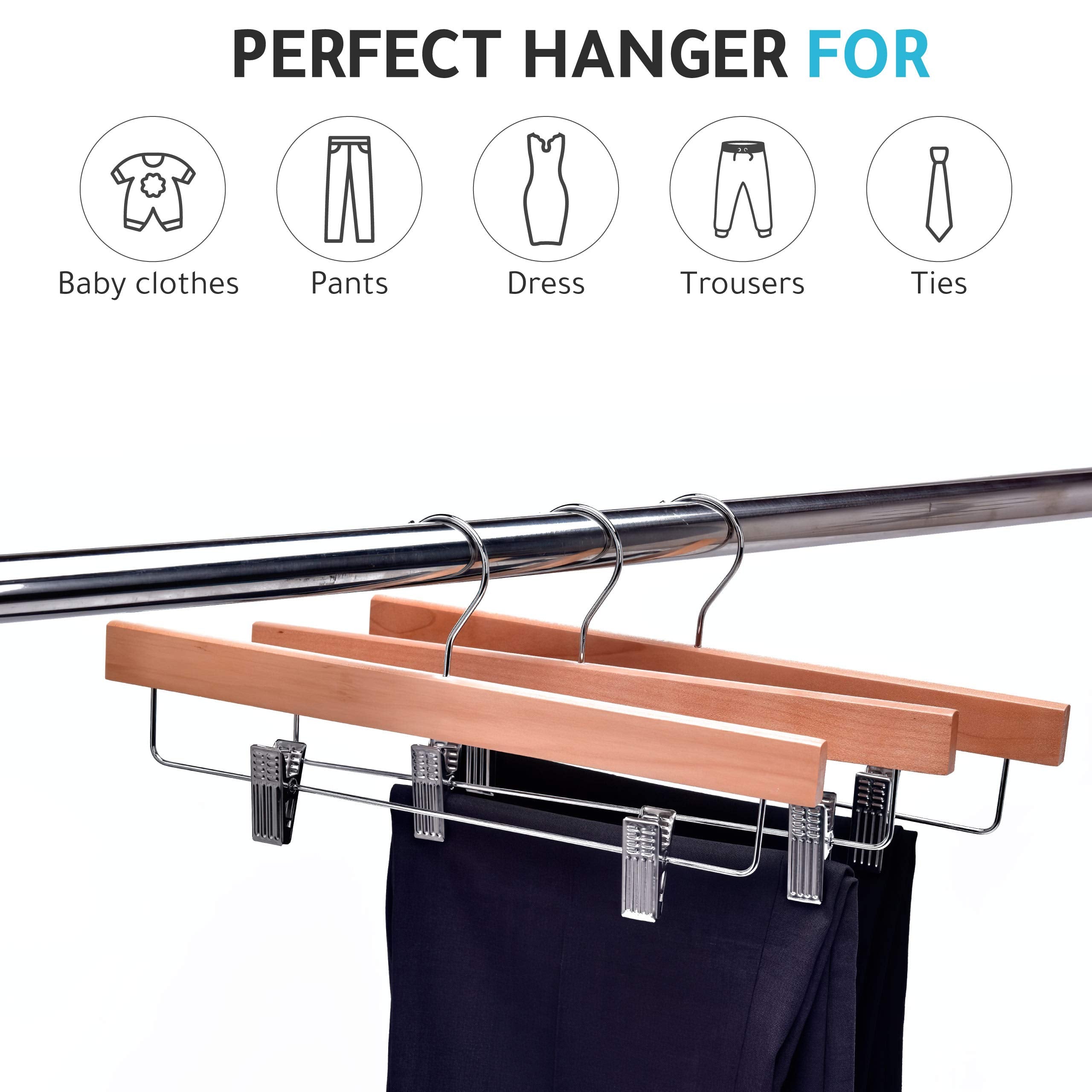Quality Hangers Wooden Pants Hangers - 20-Pack Swivel Hook Cloth Hanger Set - Lotus Wood Skirt, Pant, Shorts And Slack Hangers W