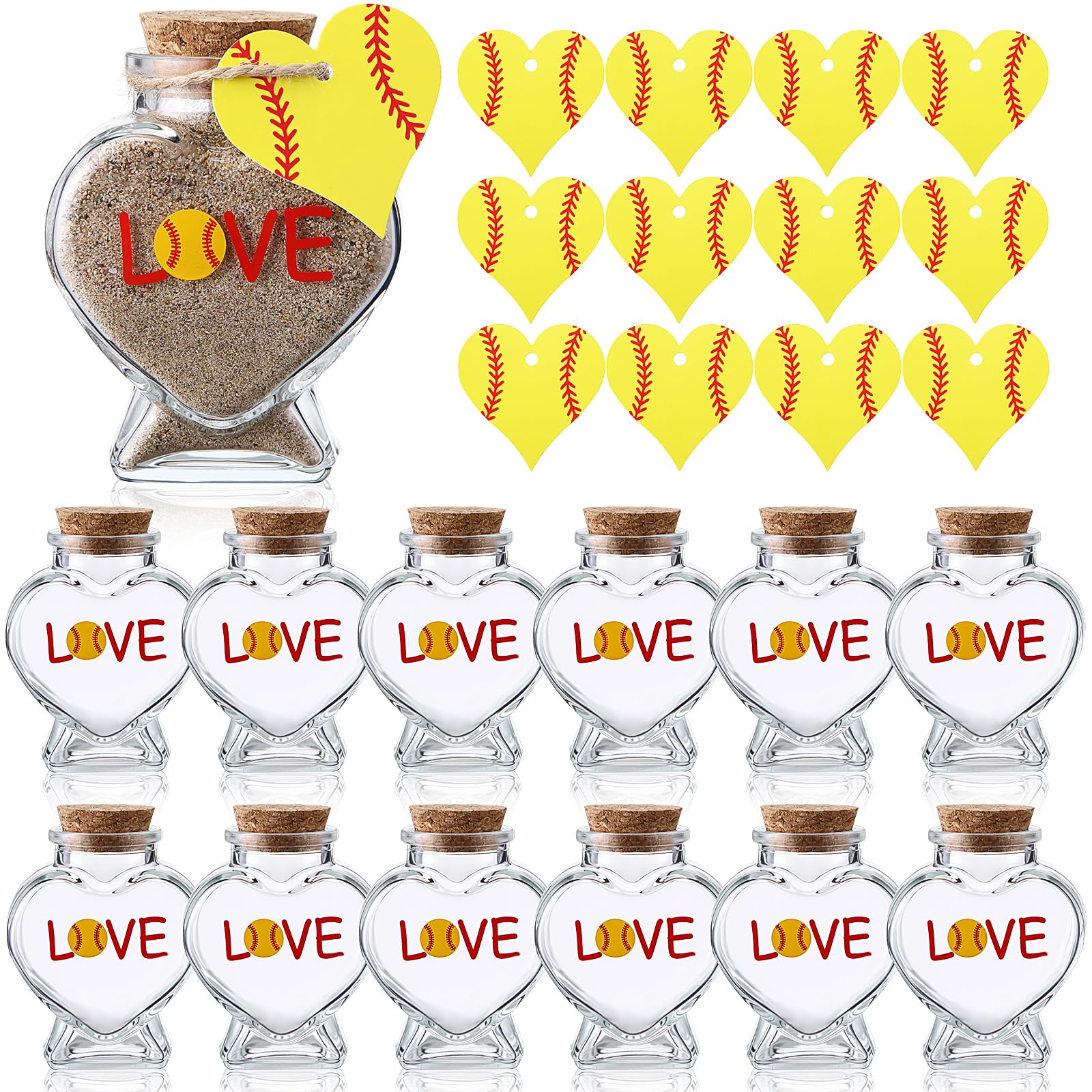 Mimorou 12 Pcs Softball Senior Night Gifts 2026 Softball Sports Sand Dirt Keepsake Jar 2 oz Mini Heart Shape Glass Bottles with 