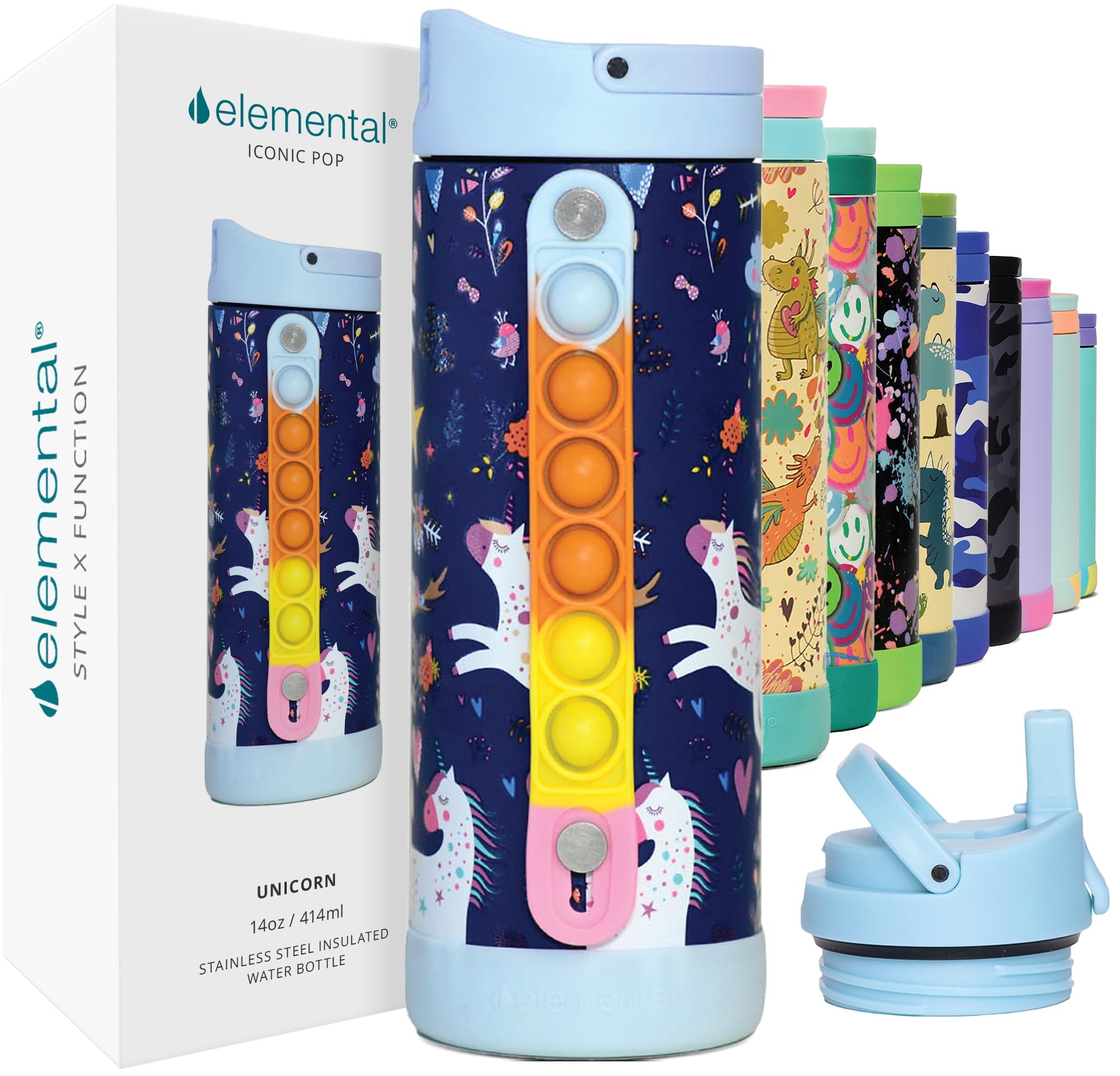 Elemental Iconic Kids Insulated Water Bottle With Straw Lid & Stress Reliever Pop-It Fidget Handle, Leak-Proof When Closed Water