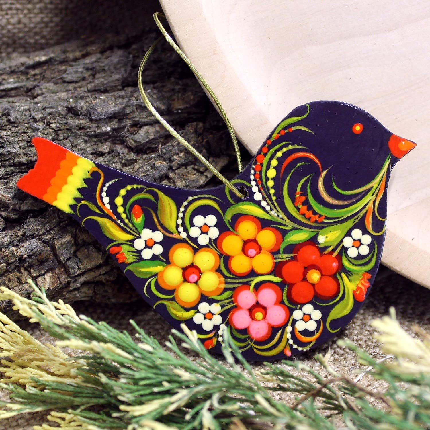 Bird Christmas Ornament Country Christmas Art 4,3 x 3,3 x 0,2 inch Wooden Hand-Painted Both Sides Christmas Tree Easter Window S