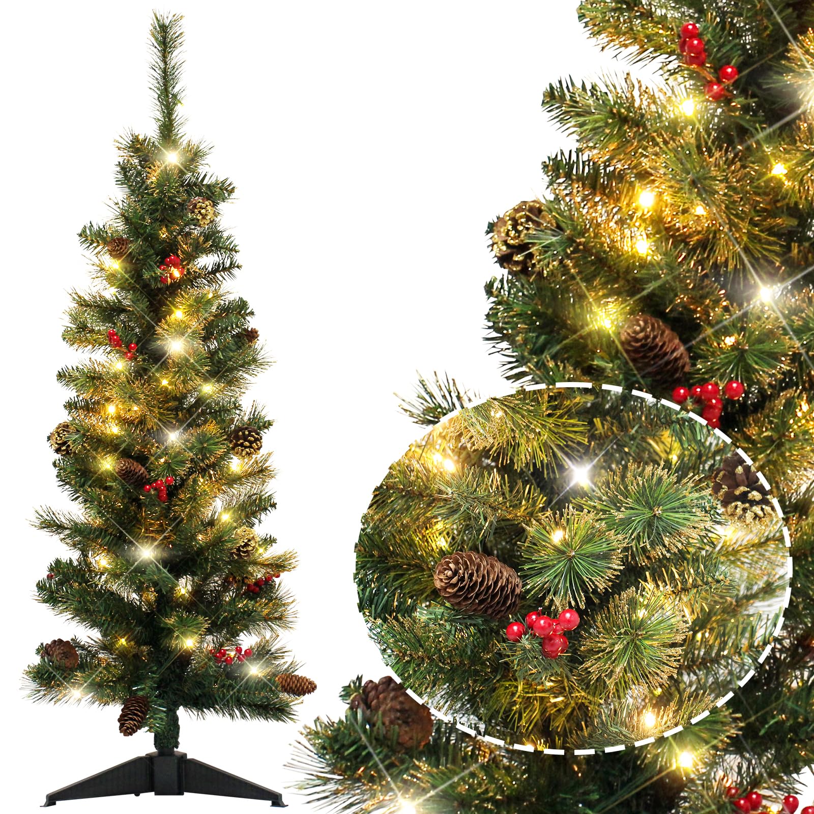 4FT Christmas Tree with Pine Cones and Red Berries,Pop up Green Christmas Tree with Lights,Lighted-up Mini Tree with Pine Cones 