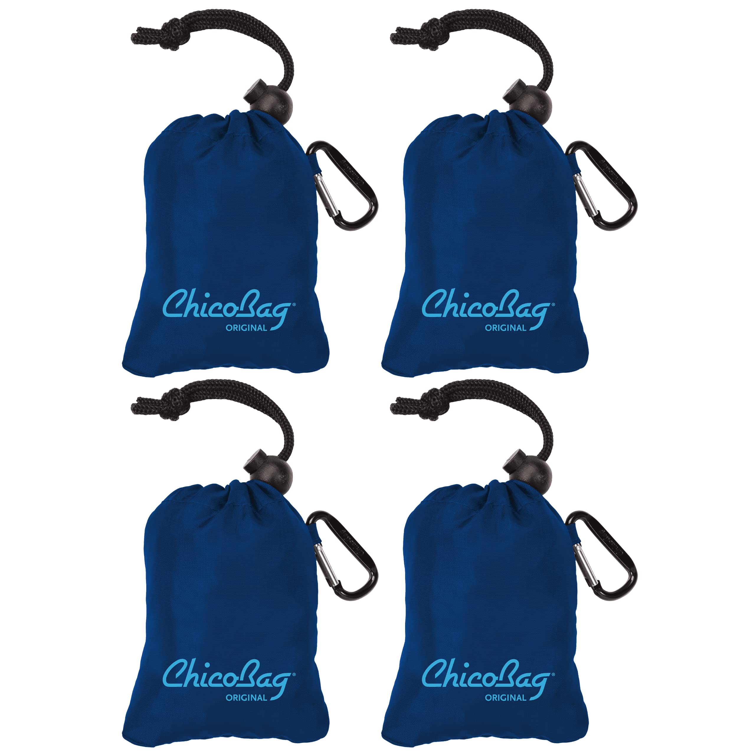 Chicobag Original Compact Reusable Grocery Bag With Attached Pouch And Carabiner Clip- 4 Pack Blue