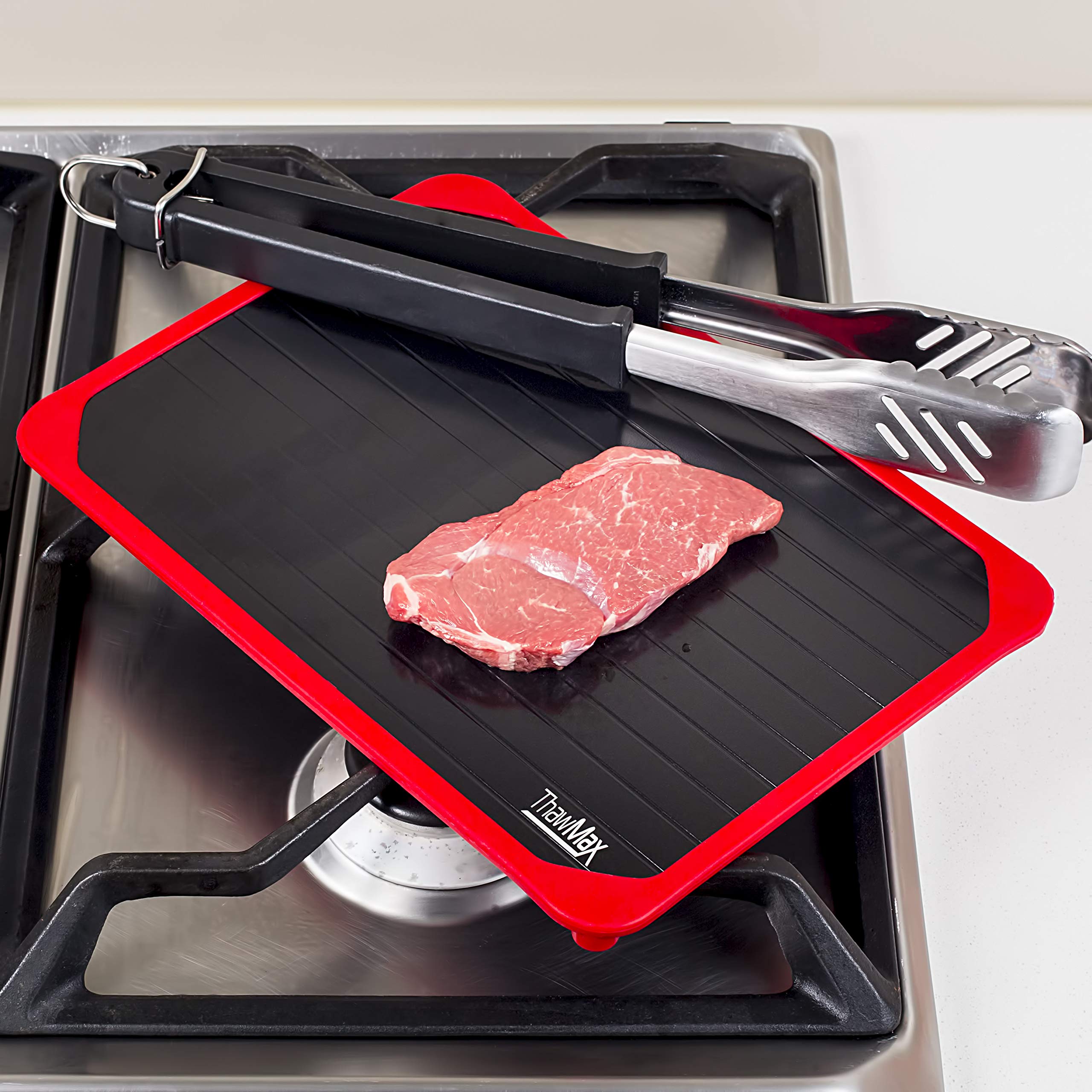ThawMax Rapid Defrosting Tray - Aluminum, 11.6"x8.1", Red, Silicone Border, Thaw Frozen Meat Fast Without Microwave