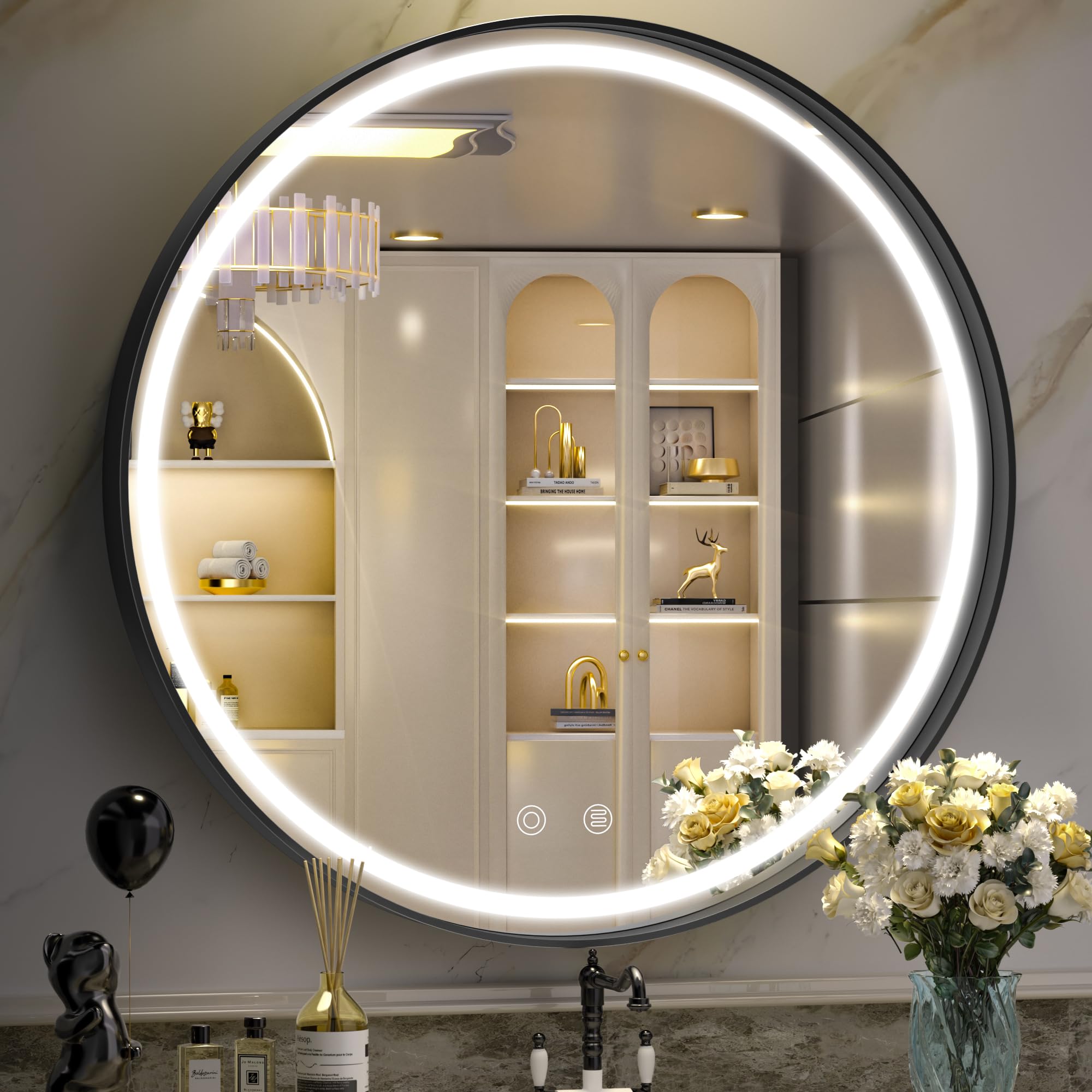 Hasipu 28 Inch Round Led Mirror For Bathroom With Lights, Black Circle Vanity Mirror For Wall, Metal Framed Frontlit Bathroom Mi