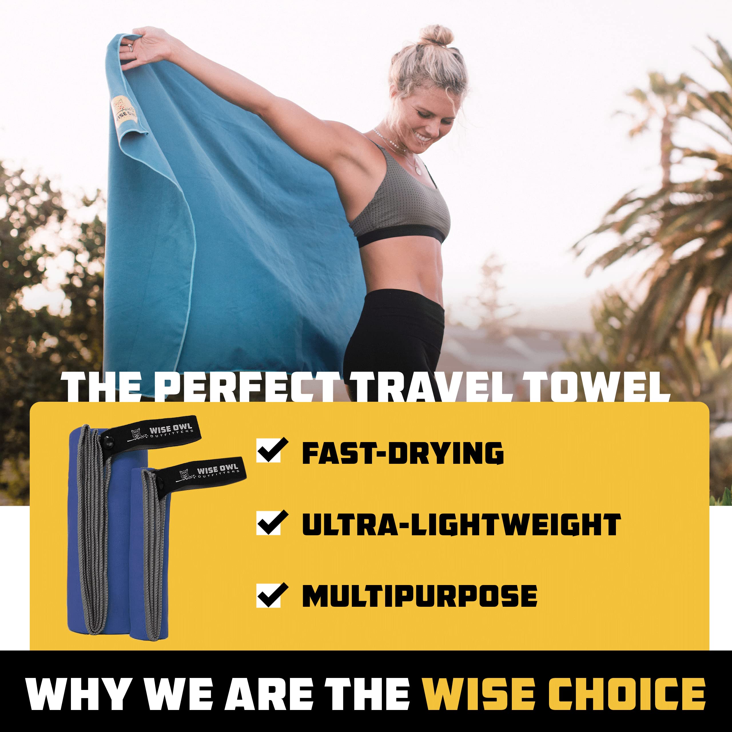 Wise Owl Outfitters Microfiber Camping Towel - Ultra Soft, Quick Dry, Large 24x48, Marine Blue, Includes Free Hand Towel 12x12