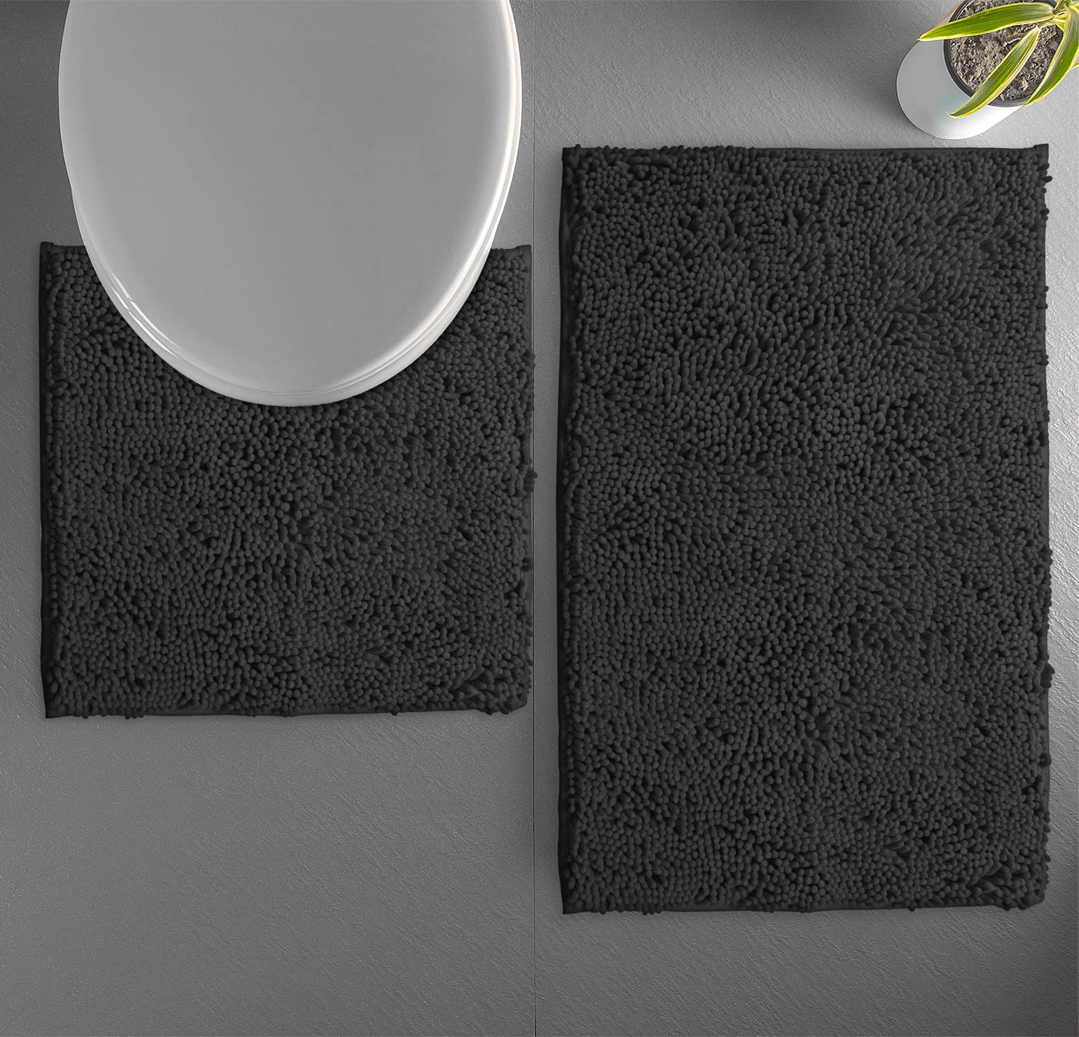 Black Bathroom Rugs Sets 2 Piece, Luxury Chenille Bath Mat Set, Soft Plush Anti-Slip Bath Rug + U-Shaped Toilet Mat. Microfiber